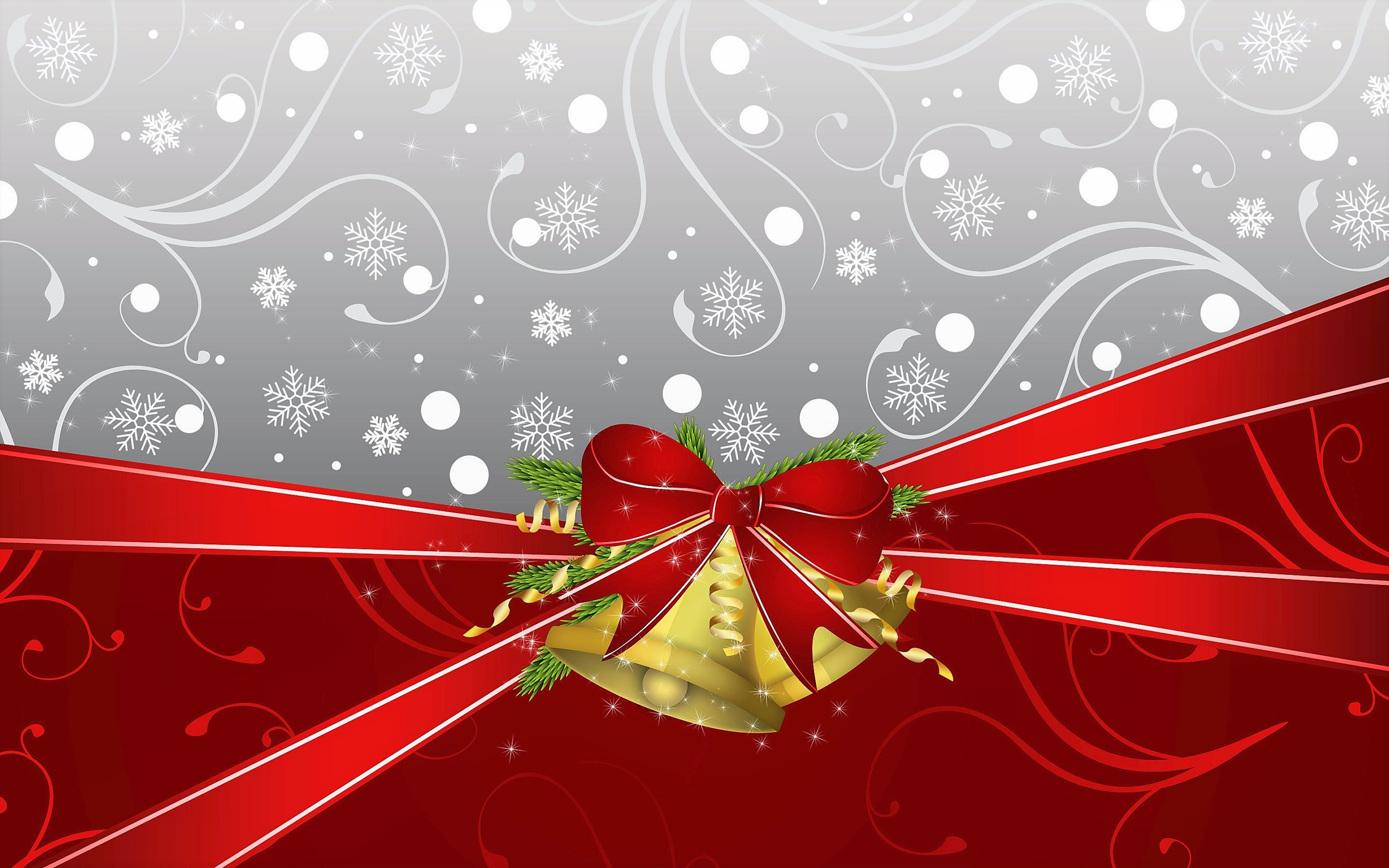 Bell Christmas Decoration Gift Gold Holiday Red Ribbon 2560x1600