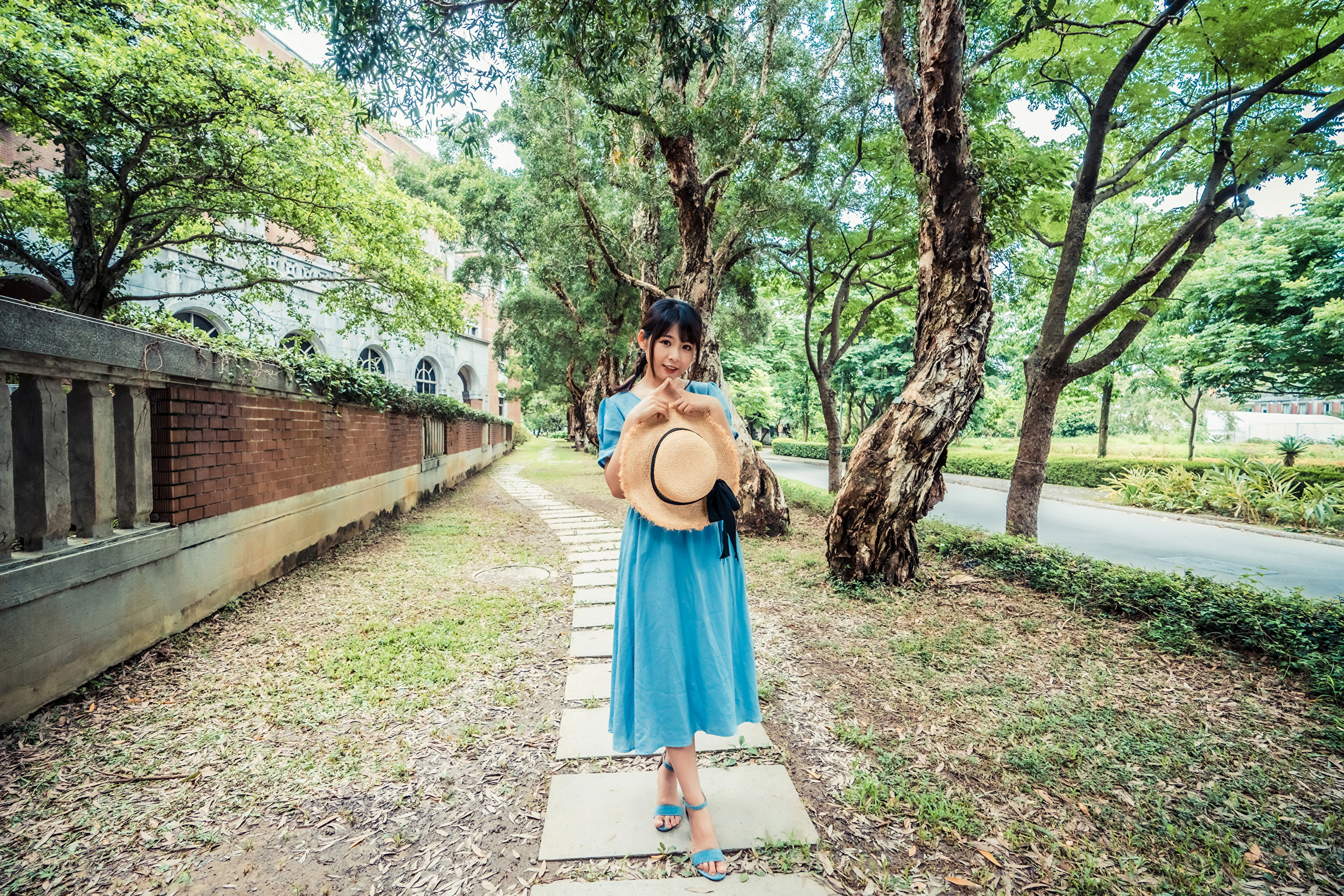 Asian Model Women Long Hair Brunette Blue Dress Straw Hat Barefoot Sandal Trees Depth Of Field Leave 2560x1707