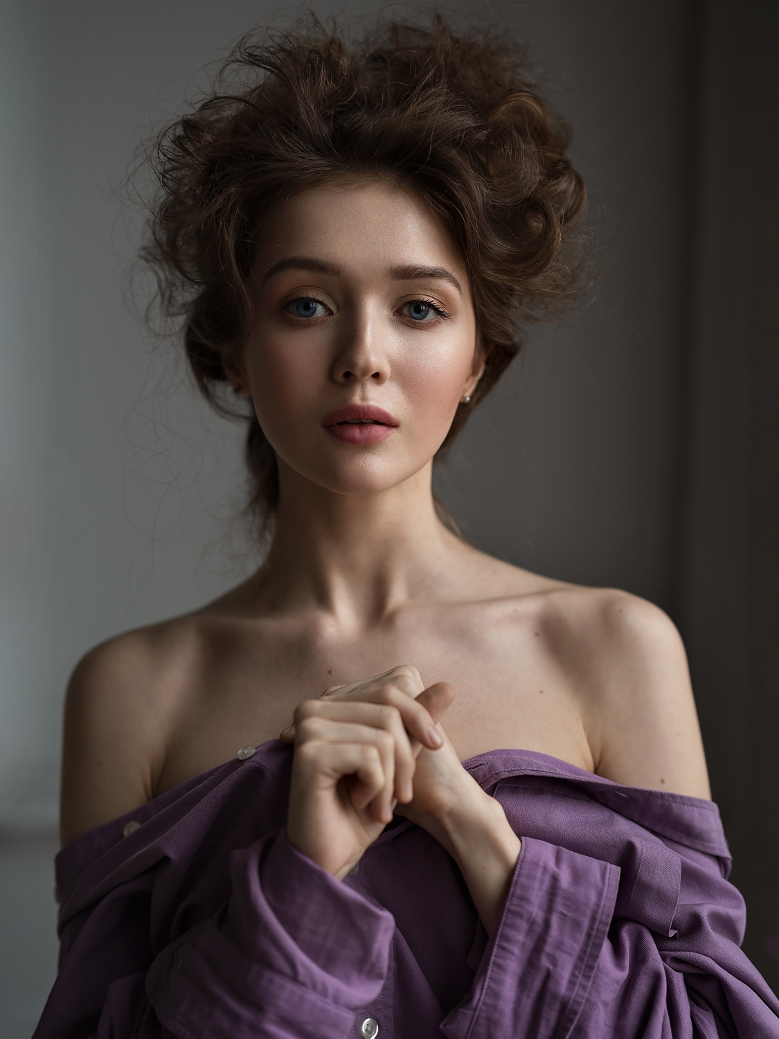 Alexey Kazantsev Women Brunette Messy Hair Looking At Viewer Portrait Purple Clothing Bare Shoulders 1125x1500