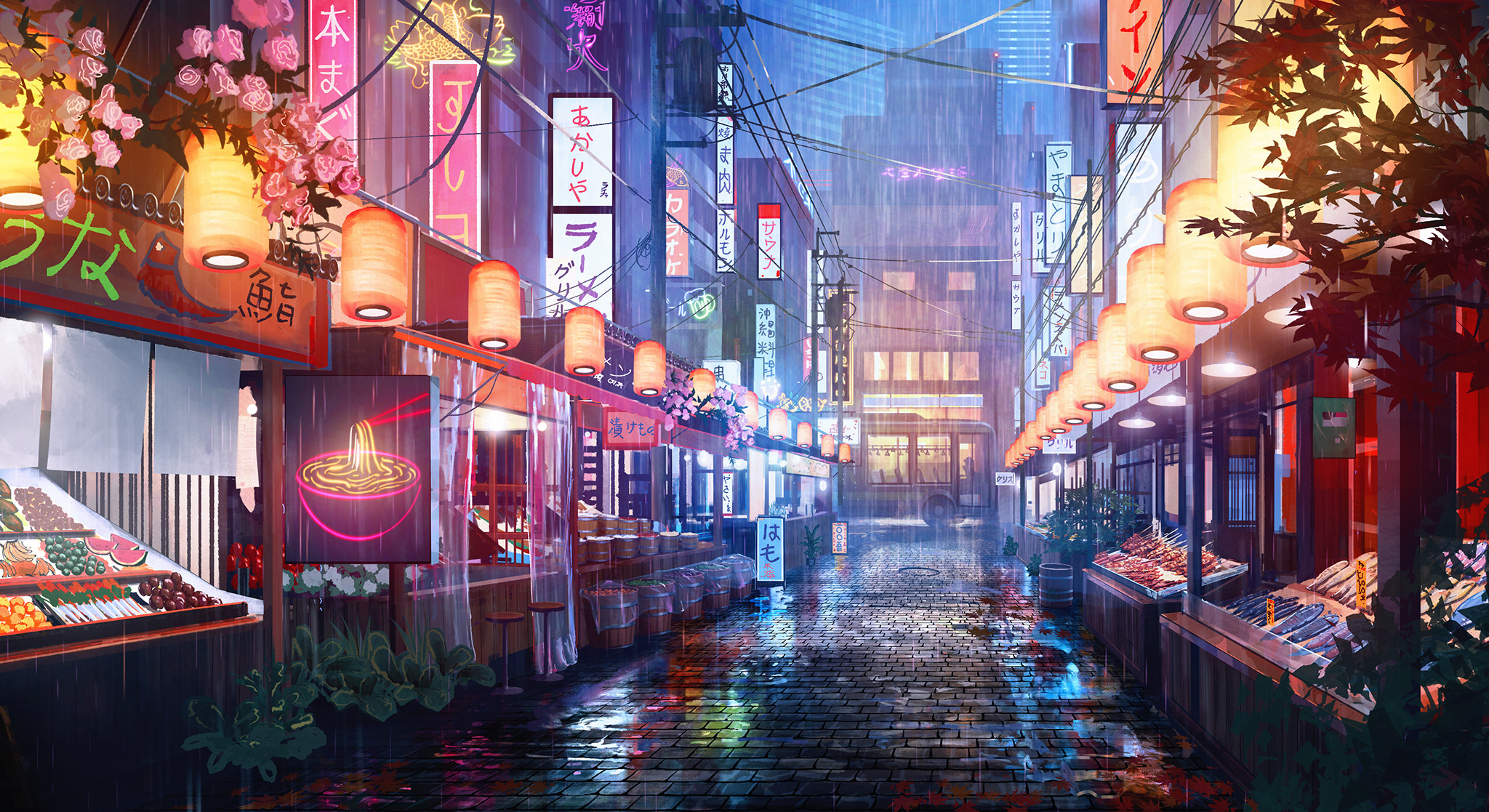 Digital Art Japanese Art Night Street Rain Market Surendra Rajawat 2048x1117