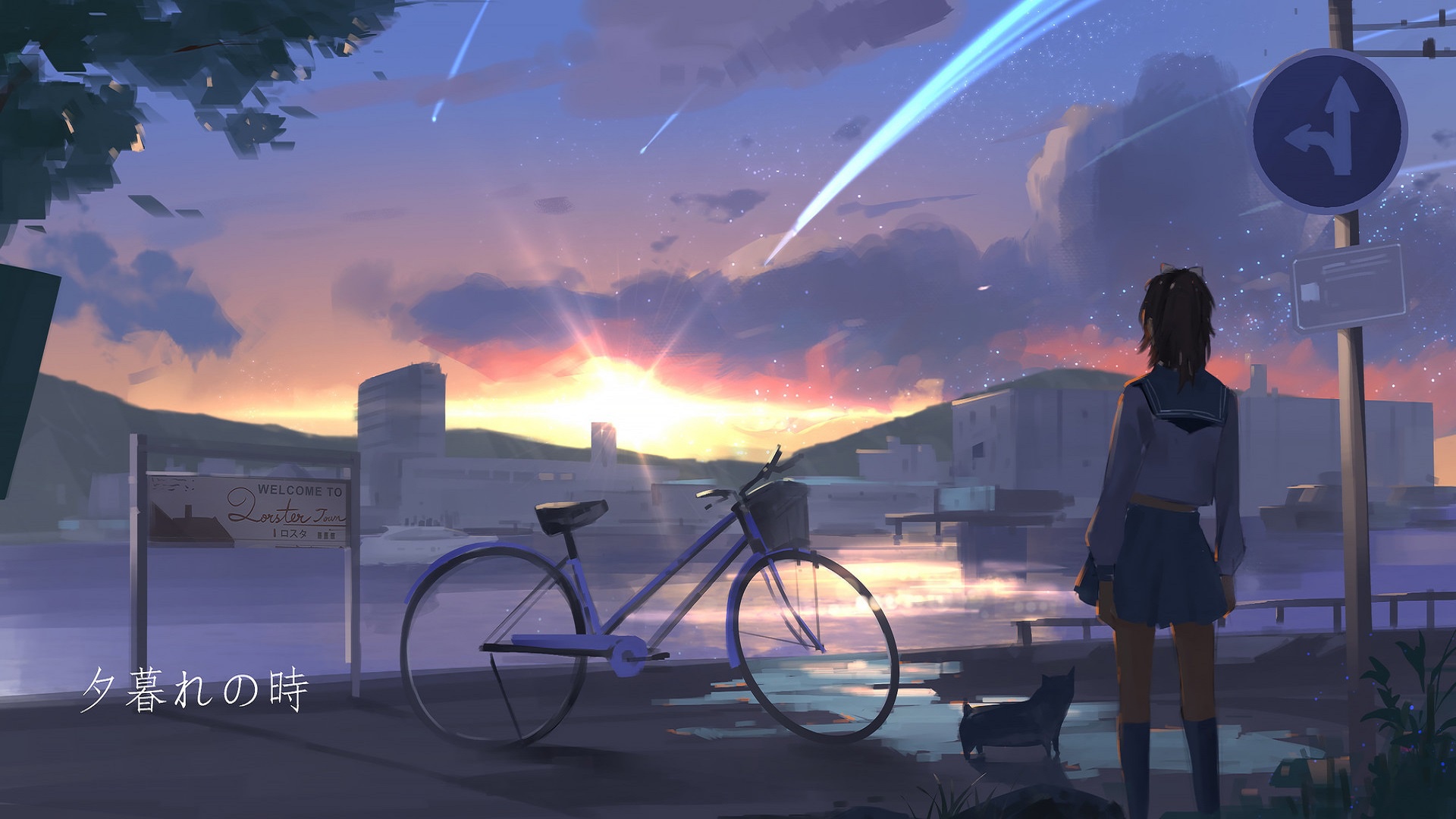 Anime Anime Girls Women Outdoors Urban Sky Standing Vehicle Bicycle City Sun Sign School Uniform Art 1920x1080