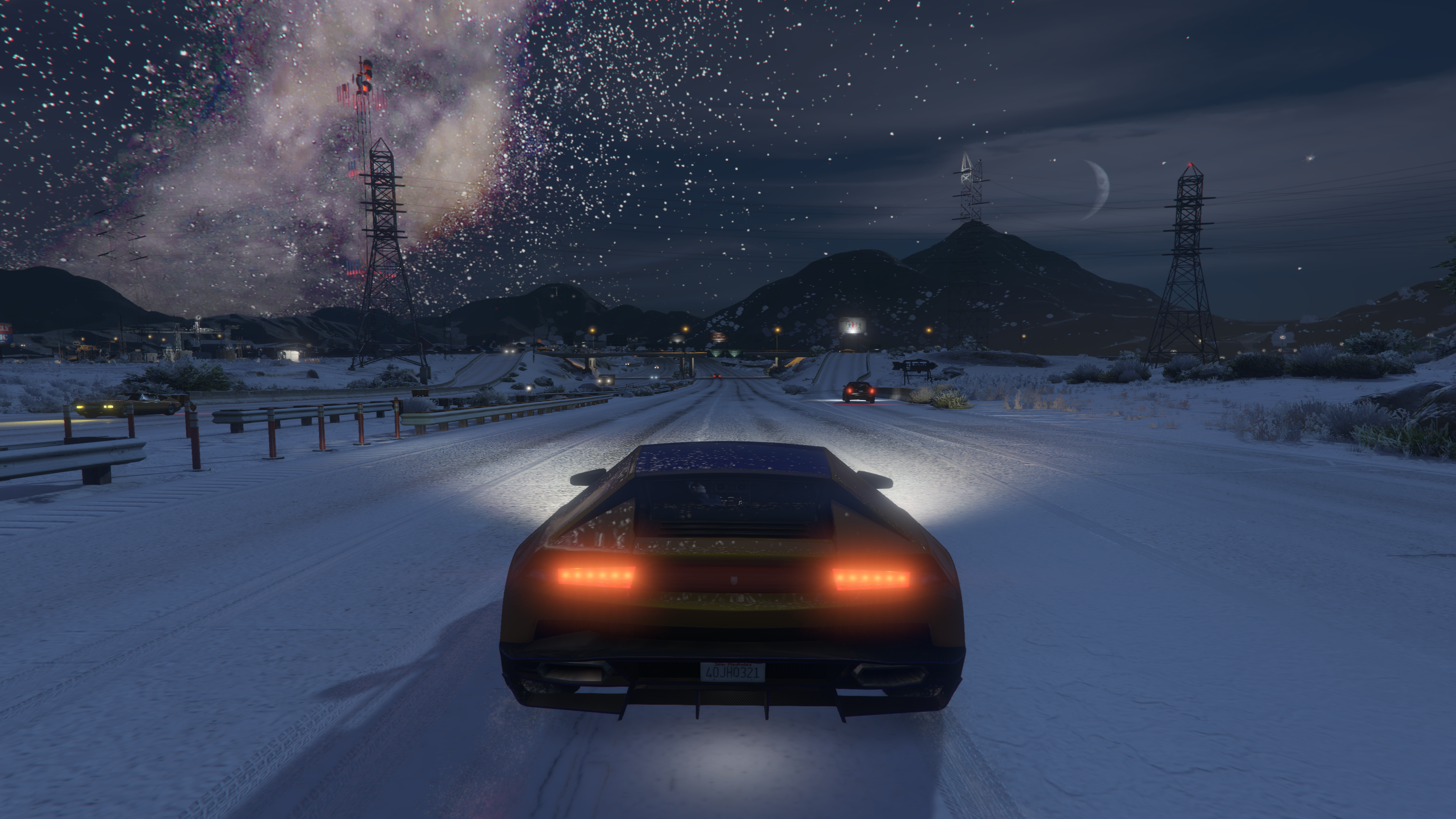 Grand Theft Auto V Snow Lamborghini Milky Way Highway Night Sky Space 3840x2160