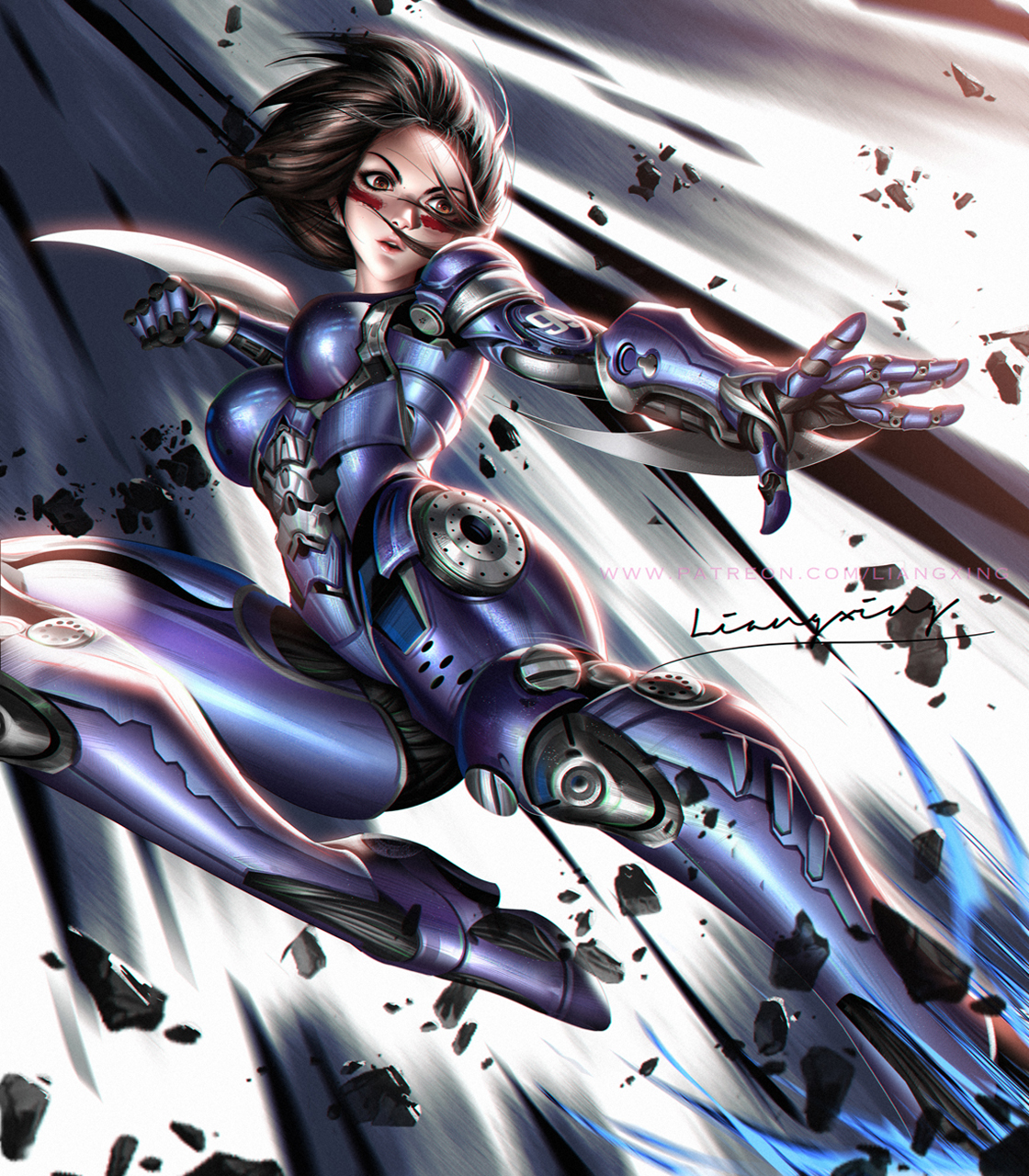 Liang Xing Drawing Alita Alita Battle Angel Androids Short Hair Fighting Low Angle Weapon Blades Fac 1120x1280