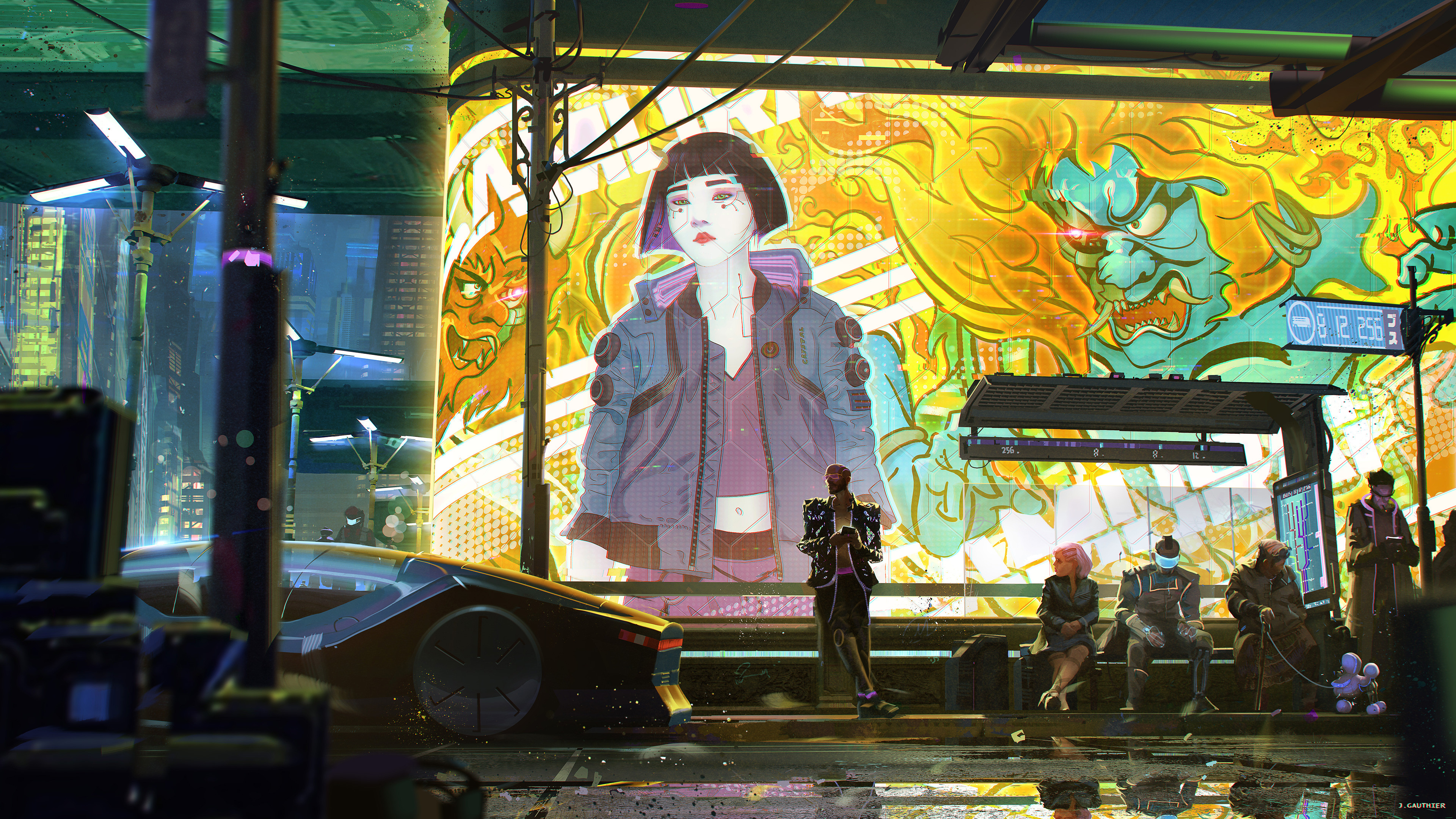 Artwork Science Fiction Cyberpunk Digital Art Asian Street Car People Bus Stop Fictional Red Lipstic 3840x2160