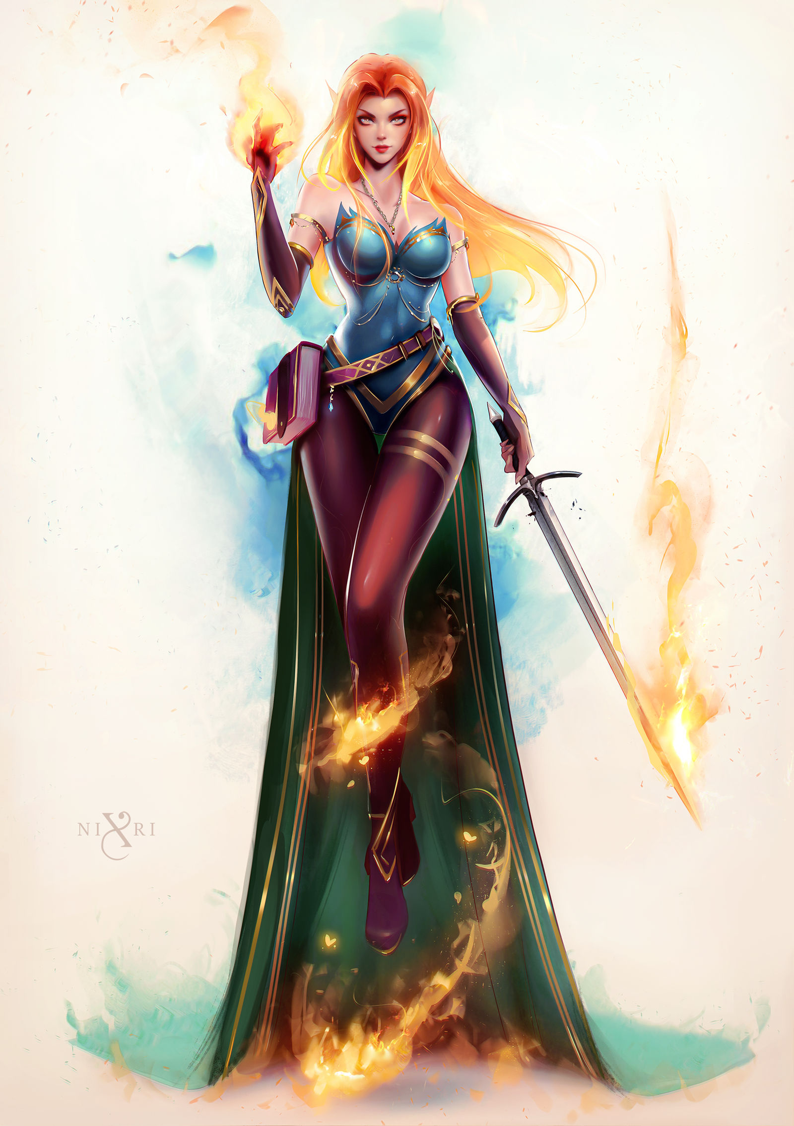 Nixri Drawing Women Redhead Long Hair Fire Floating Magician Weapon Sword Books Dress Fantasy Art El 1600x2269