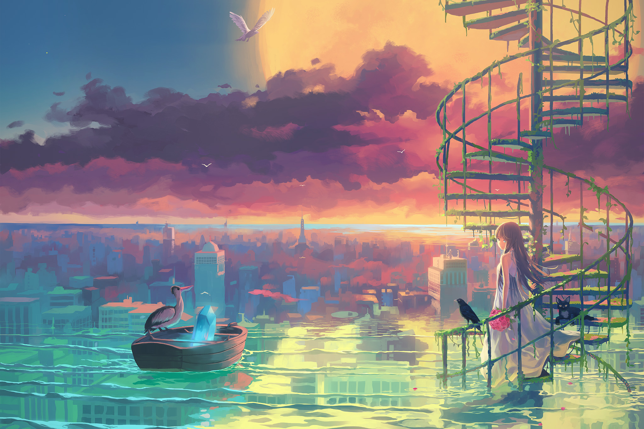 Anime Anime Girls Vofan Artwork Cityscape Sky Stairs Birds Cats Flowers Brunette Dress 2048x1365