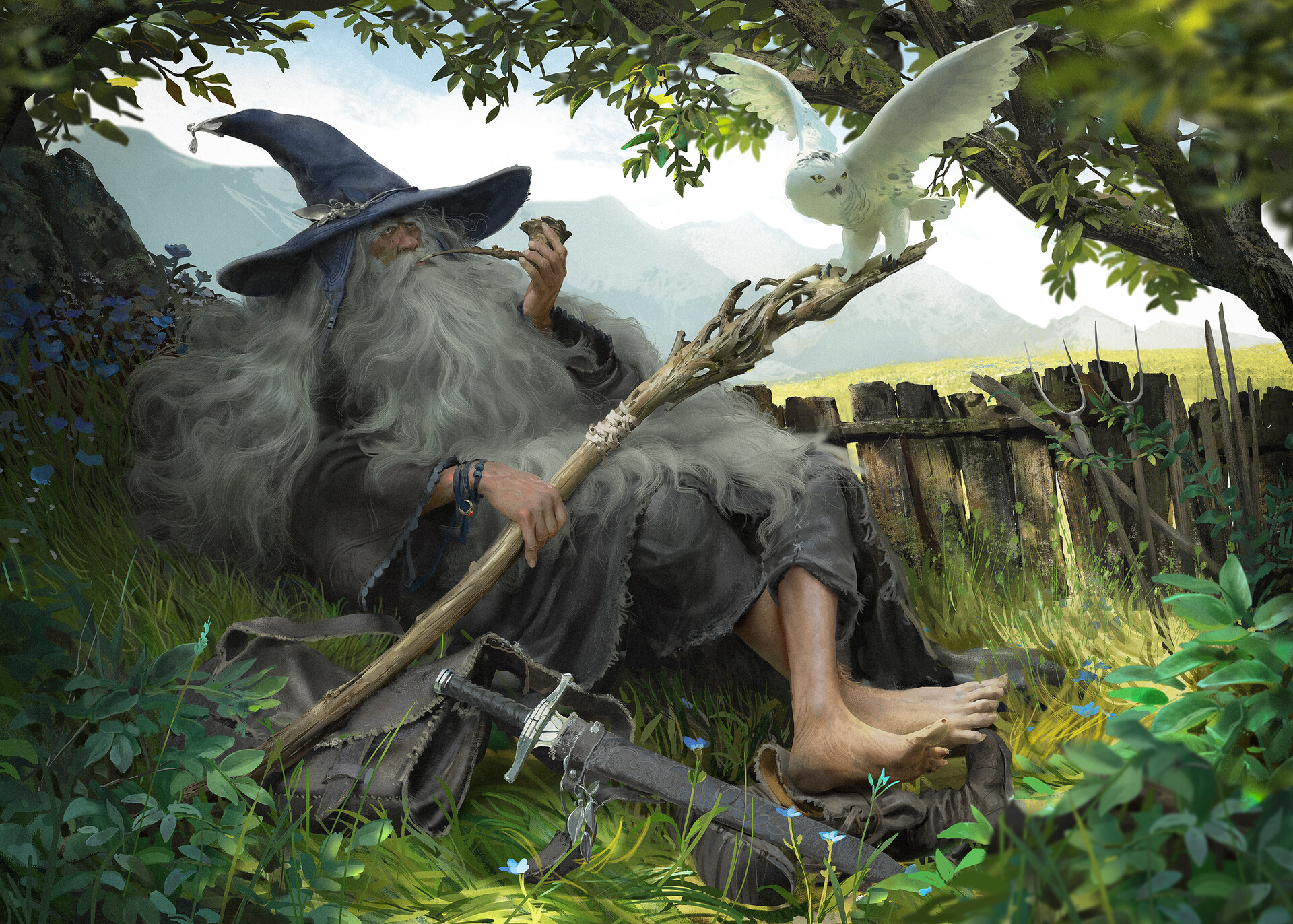 Artwork Fantasy Art Men Wizard Fantasy Men Staff Owl Birds Smoking Barefoot Hat Beard Plants Gandalf 1920x1372