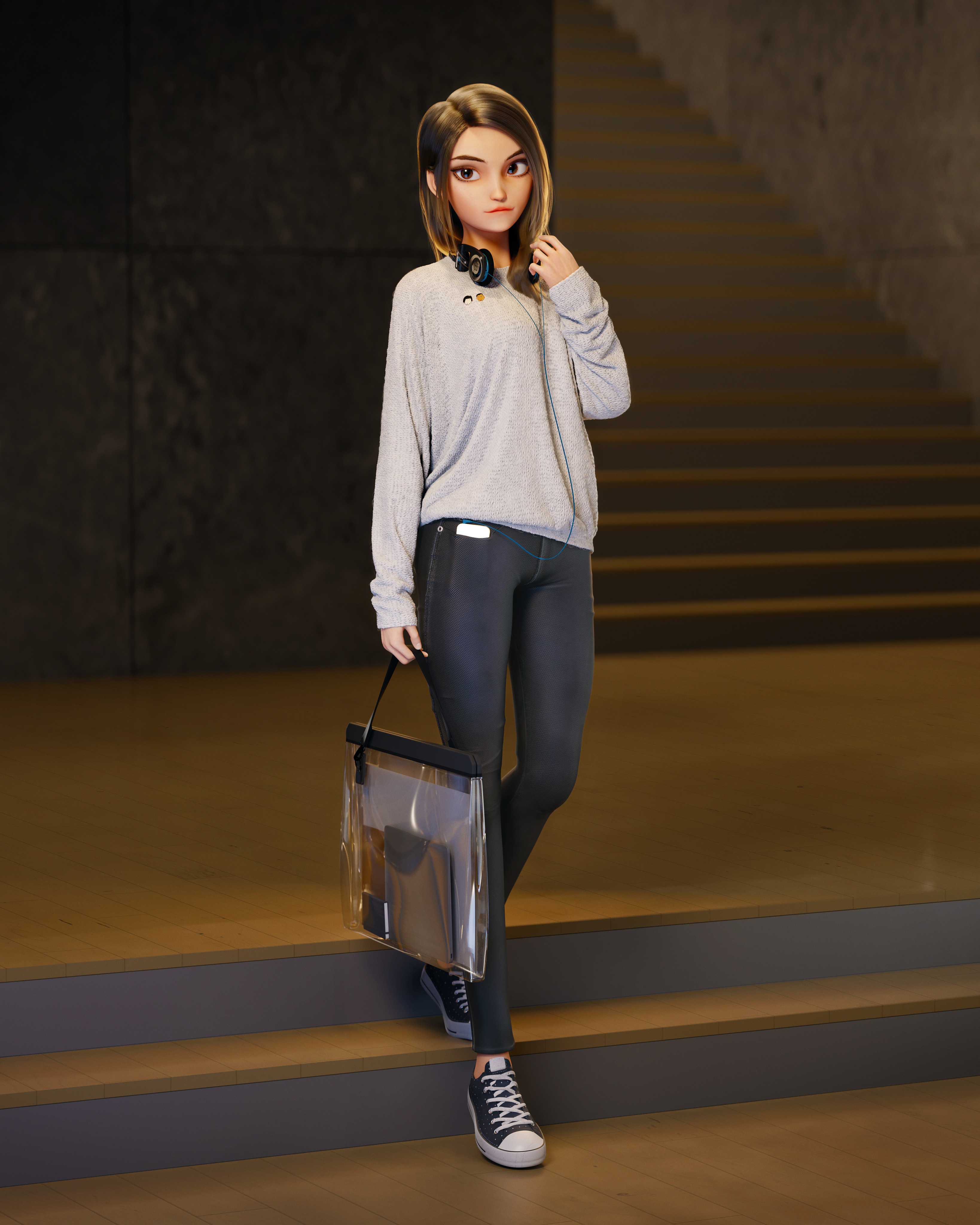 Young Woman Staircase Women Stairway Digital Art Stairs Digital Painting Sweater Looking At The Side 3277x4096