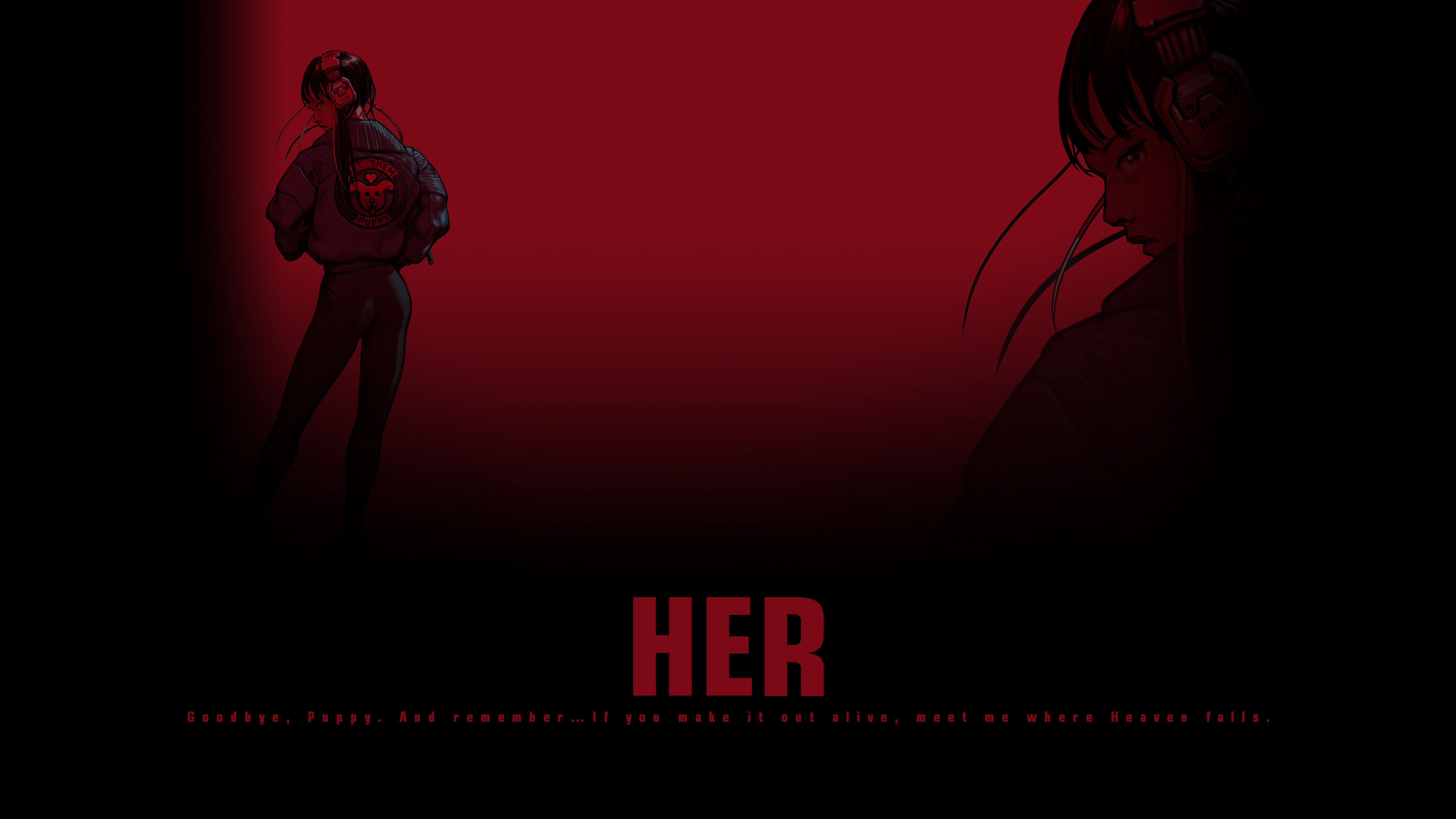 RUiNER Her Women Black Red Cyberpunk Headphones 5120x2880