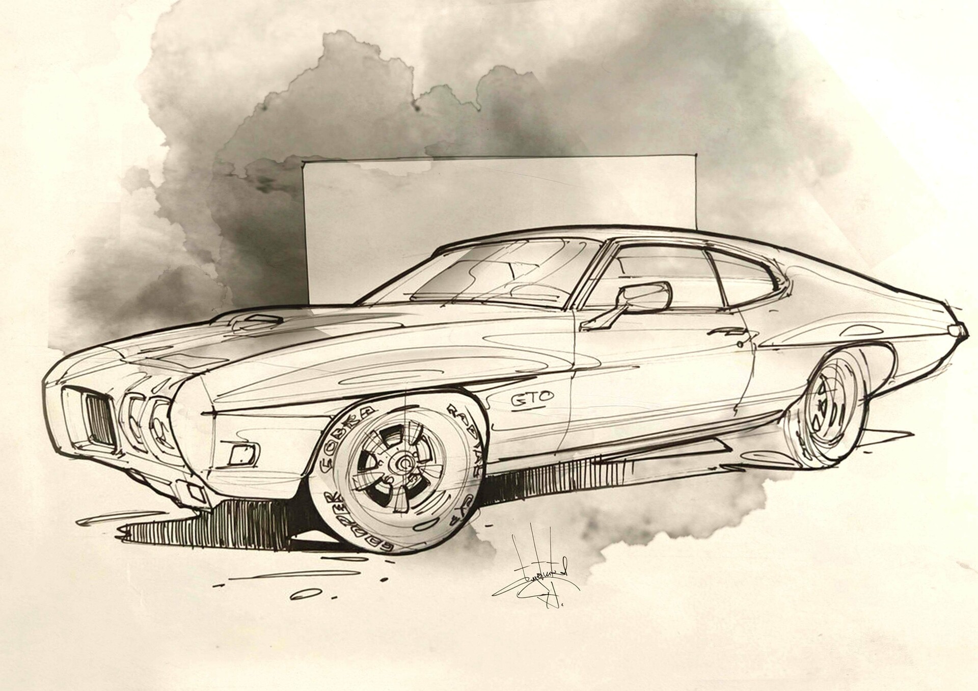 Aleksandr Sidelnikov Car Sports Car Sketches Pontiac GTO 1920x1357