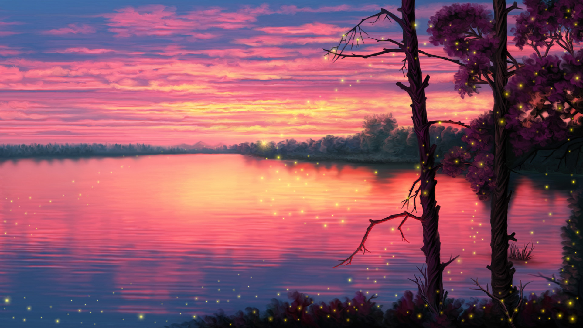 Firefly Lake Landscape Scenery Sunset Water 1920x1080