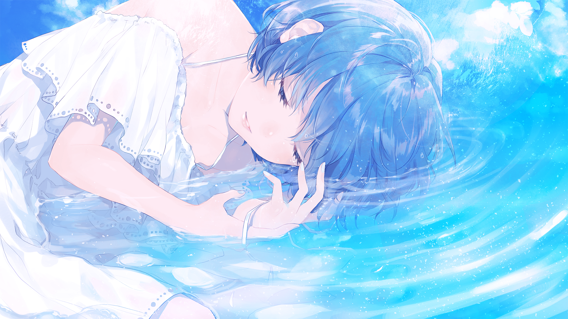 Anime Anime Girls Blue Hair Short Hair In Water Closed Eyes Clouds Blue Nails Ribbons Waves Sudach K 1920x1080