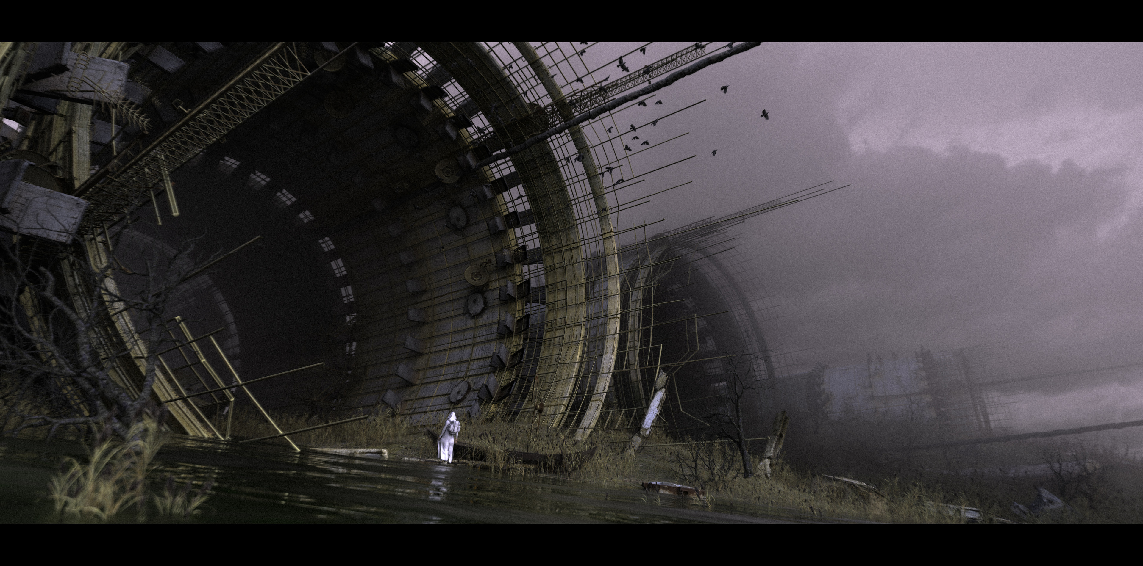 Post Apocalypse Industrial Industrial City Swamp Landscape Water Mist 3840x1903