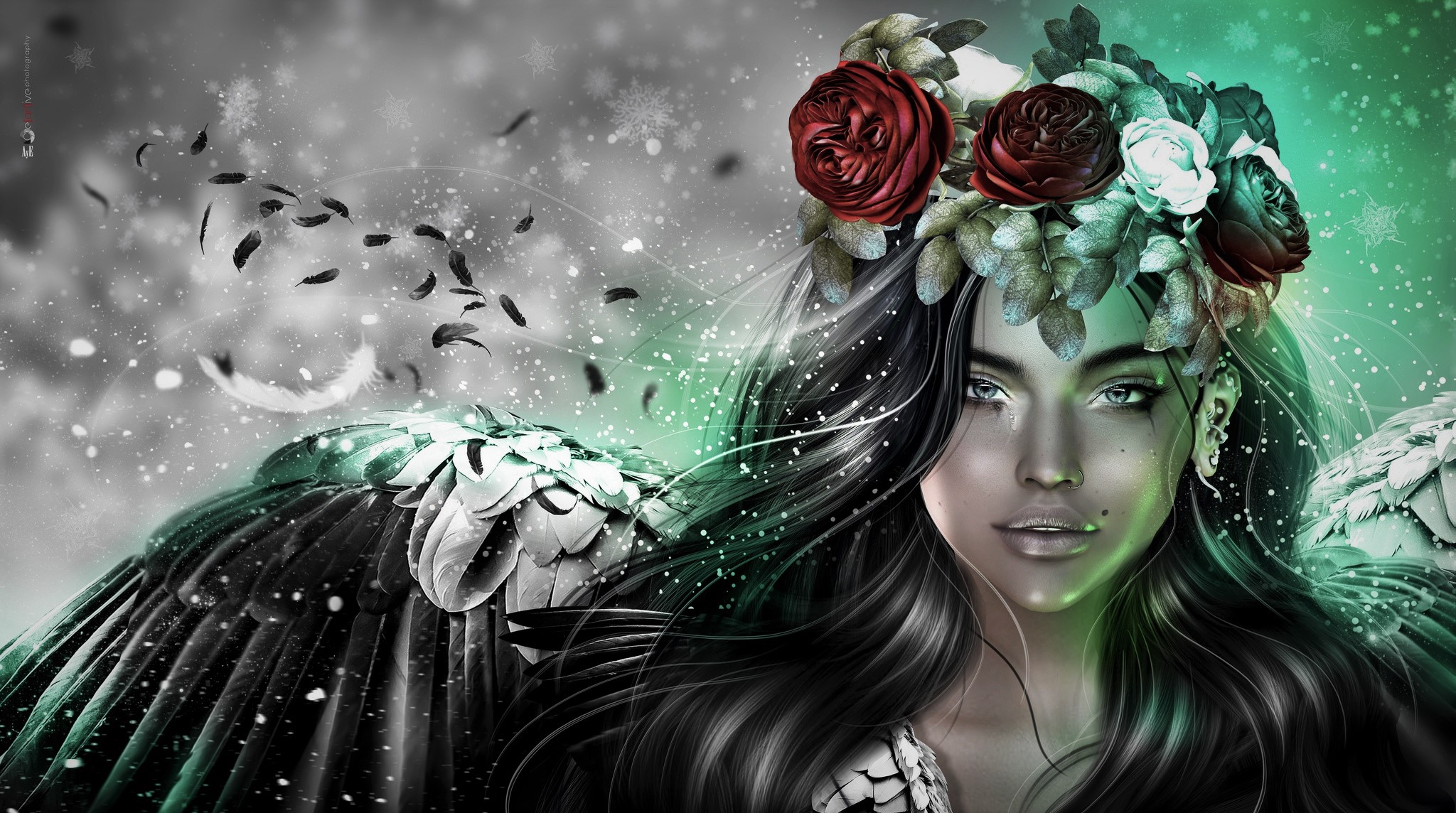 Angel Black Hair Blue Eyes Fantasy Flower Girl Rose Wings Woman Wreath 2048x1144