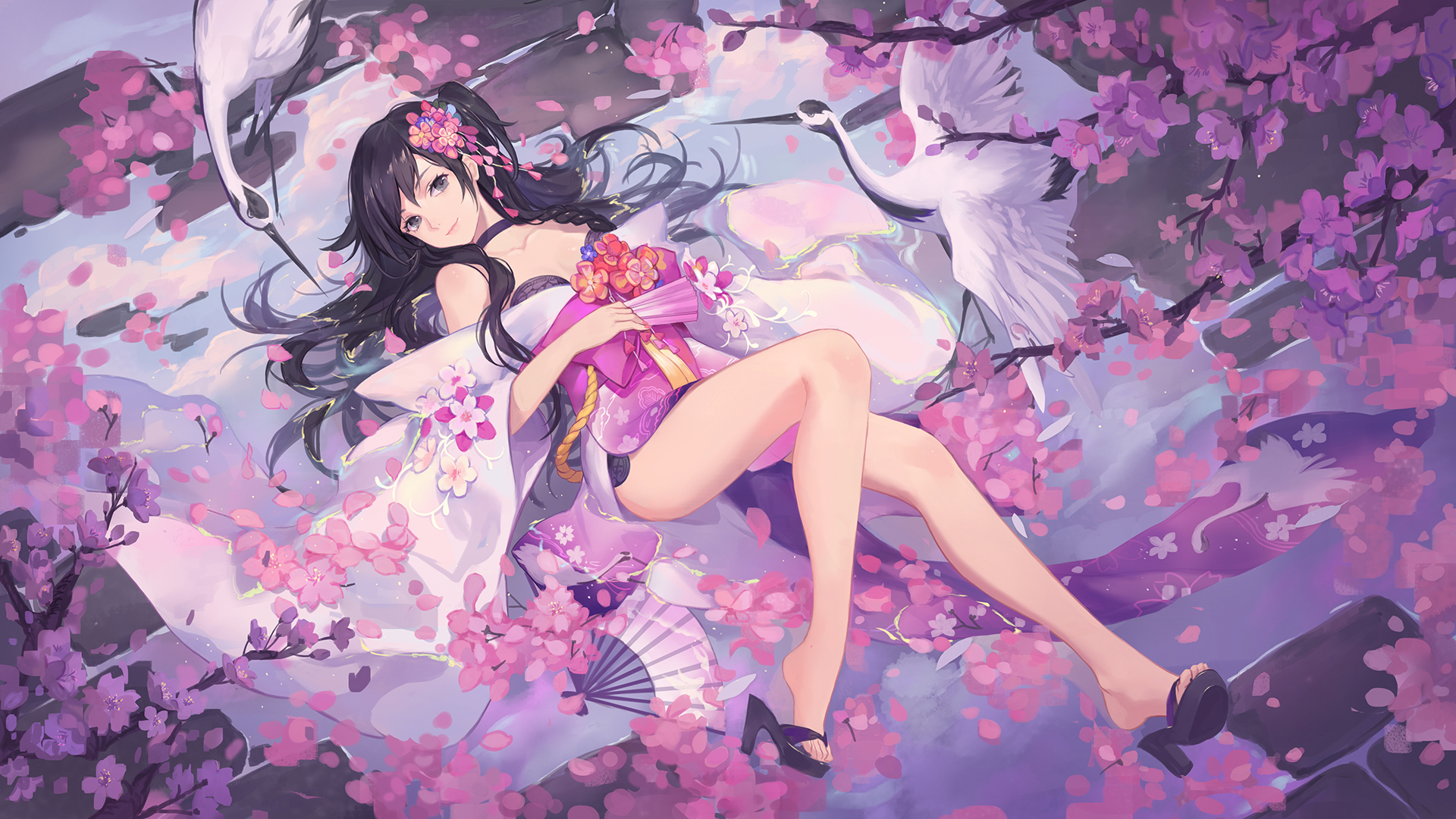 Cherry Blossom Flower Girl High Heels Japanese Clothes Lying Down Sakura 1920x1080