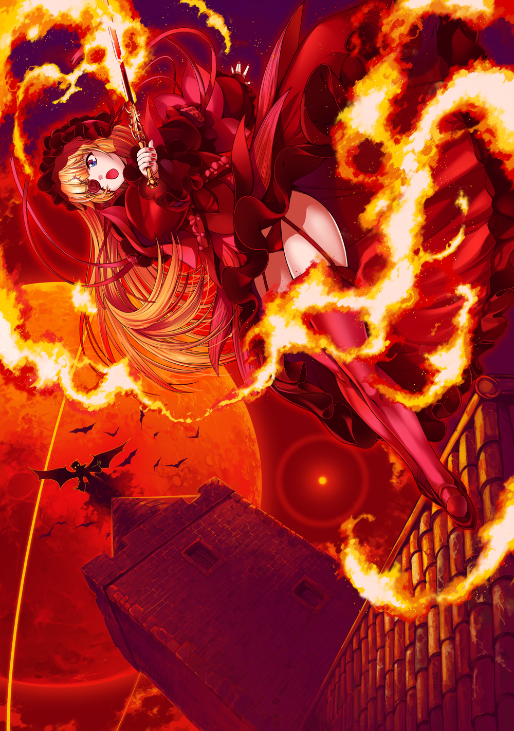 Artwork Red Moon Fire Magic Gothic Lolita Thigh Highs Blonde Blue Eyes Eyepatches Anime Girls GEN 1000x1423