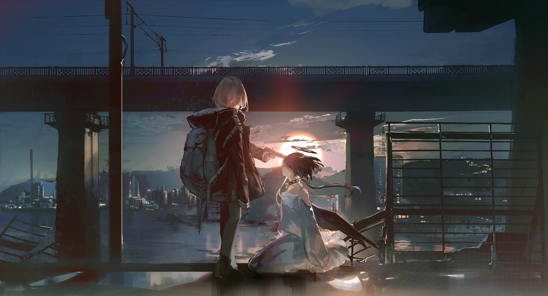 Anime Anime Girls Digital Art Artwork 2D Lobelia Gun Wings Angel Sunset Cityscape 1784x965