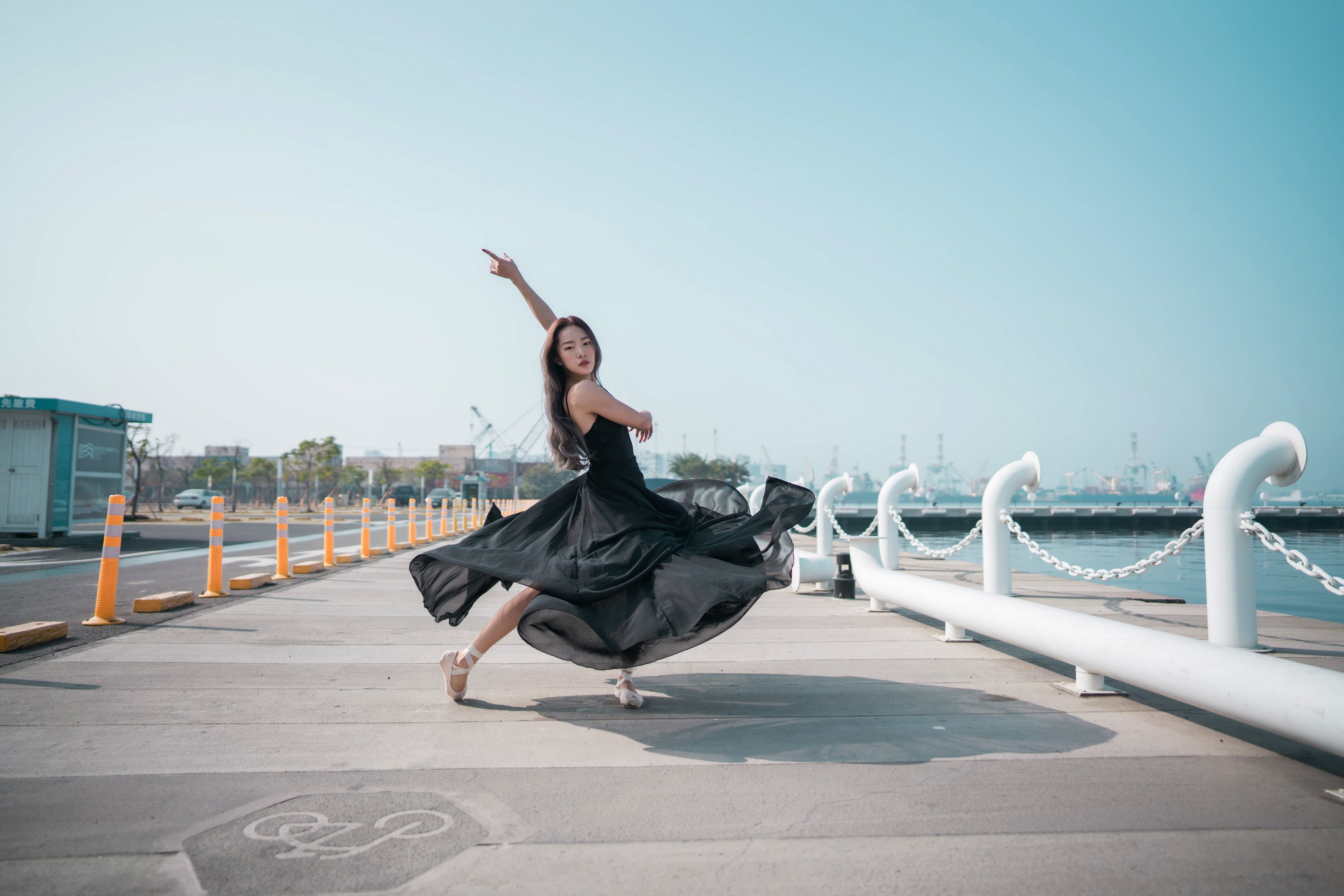 Asian Model Women Long Hair Brunette Black Dress Dancing Ballet Slippers Sea Depth Of Field Chains H 3840x2561