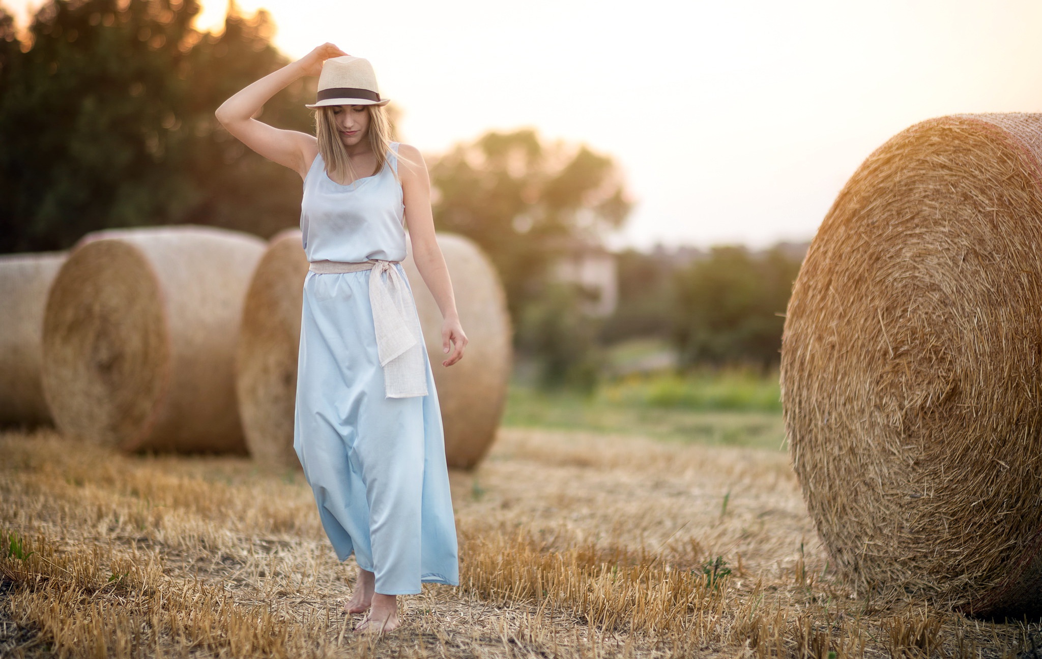 Blonde Depth Of Field Dress Girl Haystack Model Mood Woman 2048x1296