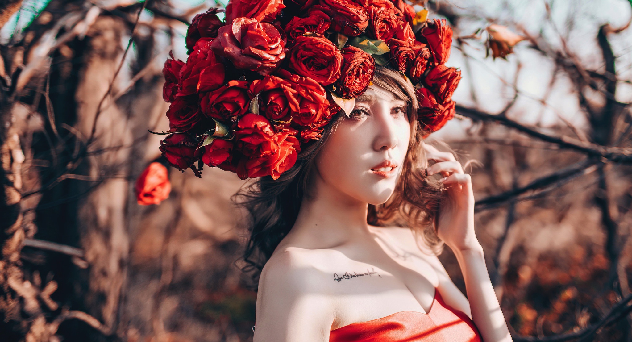 Brown Eyes Brunette Depth Of Field Flower Girl Headdress Model Red Flower Tattoo Woman 2048x1108