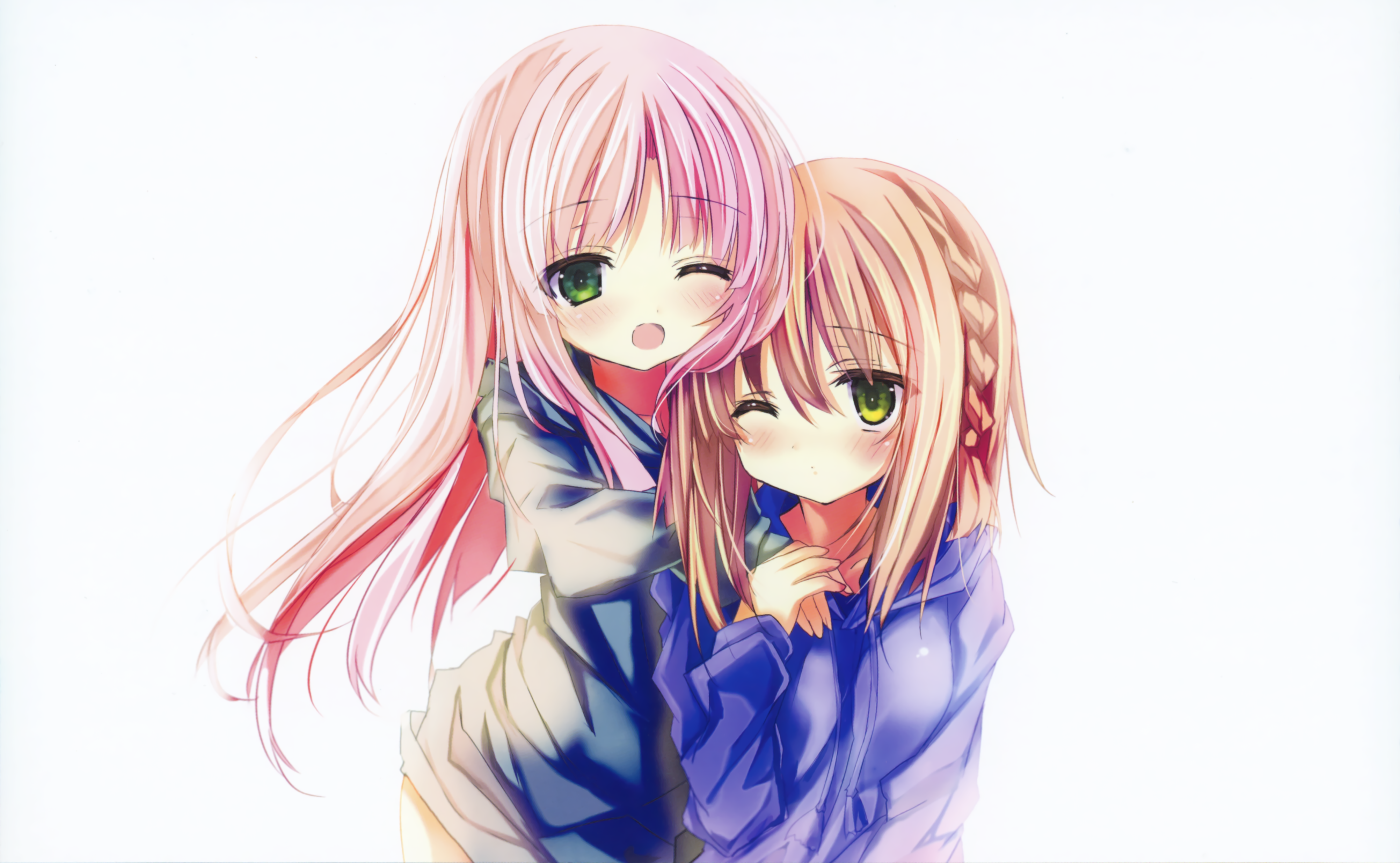 Blush Braid Brown Hair Green Eyes Hug Long Hair Pink Hair Wink 4008x2472