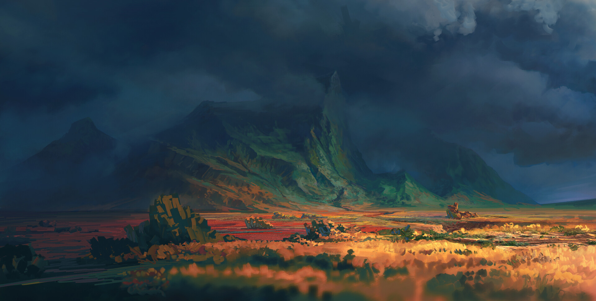 Clouds Mountains Plants Bushes Valley Artwork 1920x969