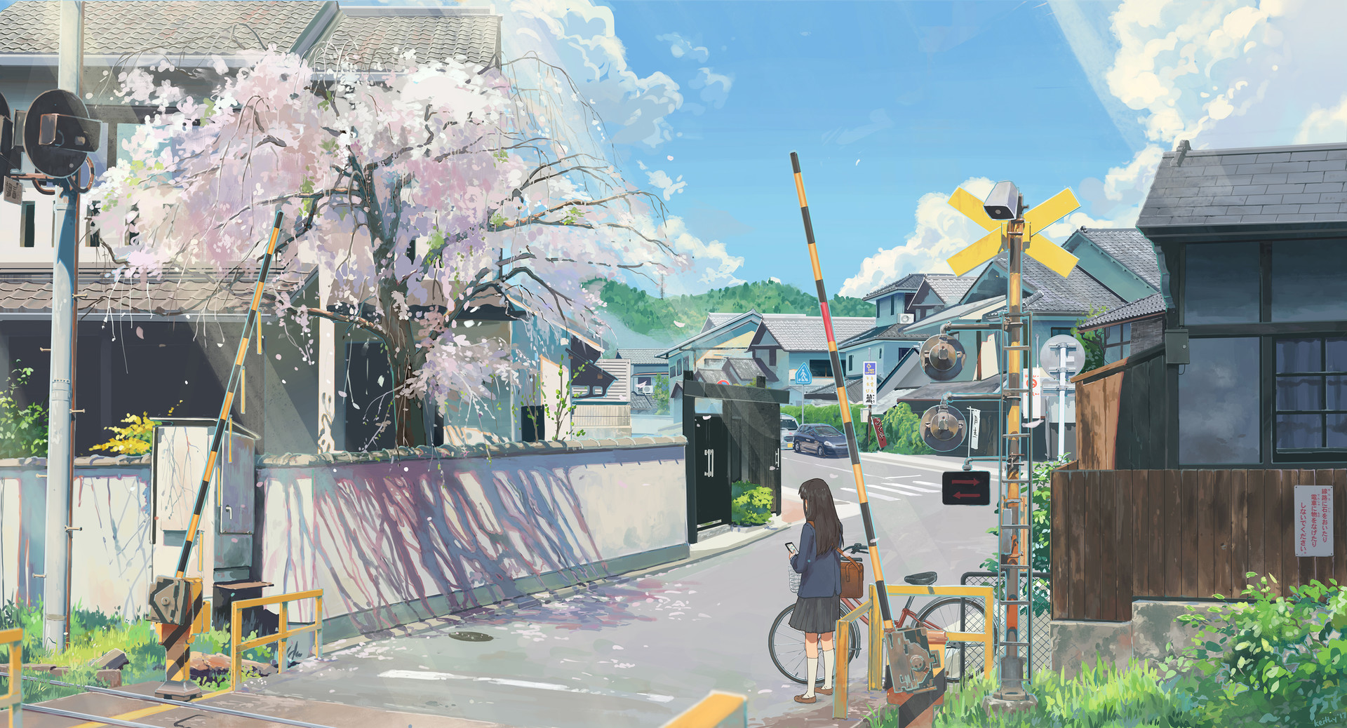 Pao Yong Spring Anime Anime Girls Cherry Blossom Urban Asia Street Bicycle Railway Crossing ArtStati 1920x1038