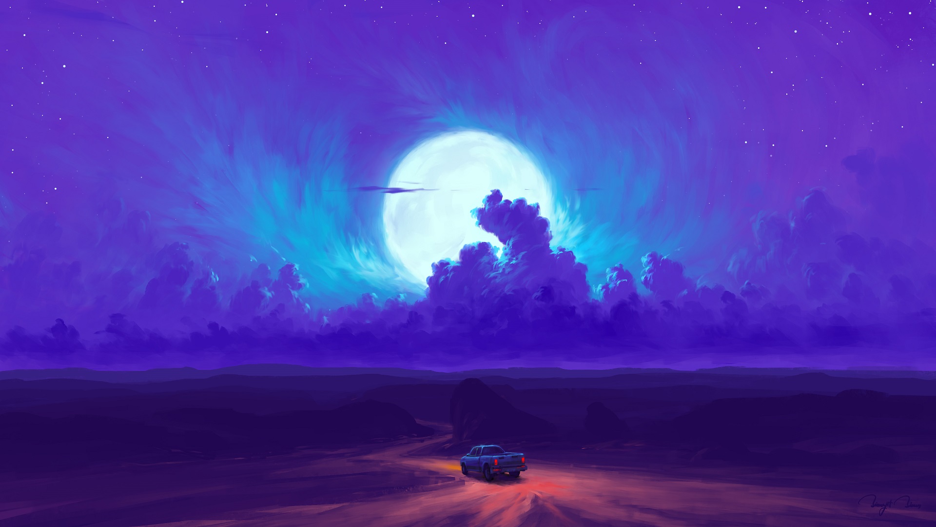 Digital Painting Landscape Car Sky Clouds Night Moon BisBiswas 1920x1080