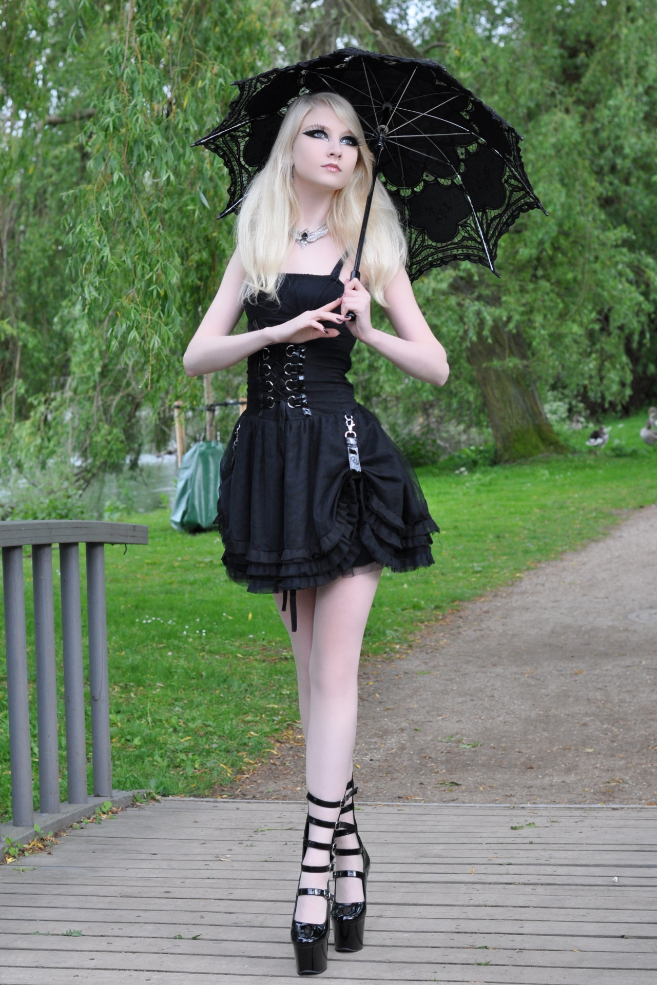 Maria Amanda Women Model Blonde Long Hair Legs Umbrella Outdoors Trees Grass Black Dress Gothic Alt  1280x1920