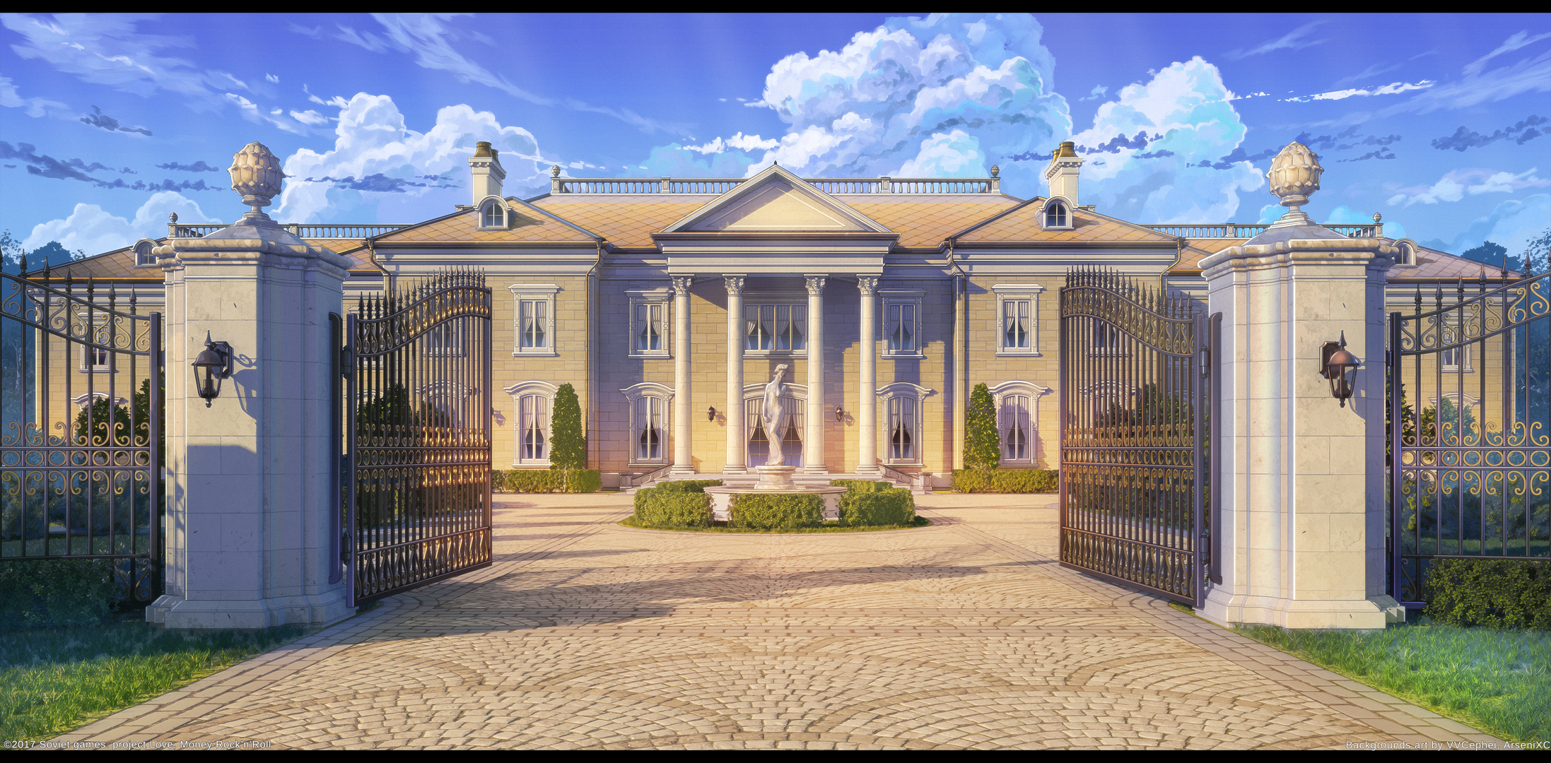 Landscape Artwork Visual Novel Building Sky Clouds ArseniXC Statue Gates Palace Architecture 2194x1080