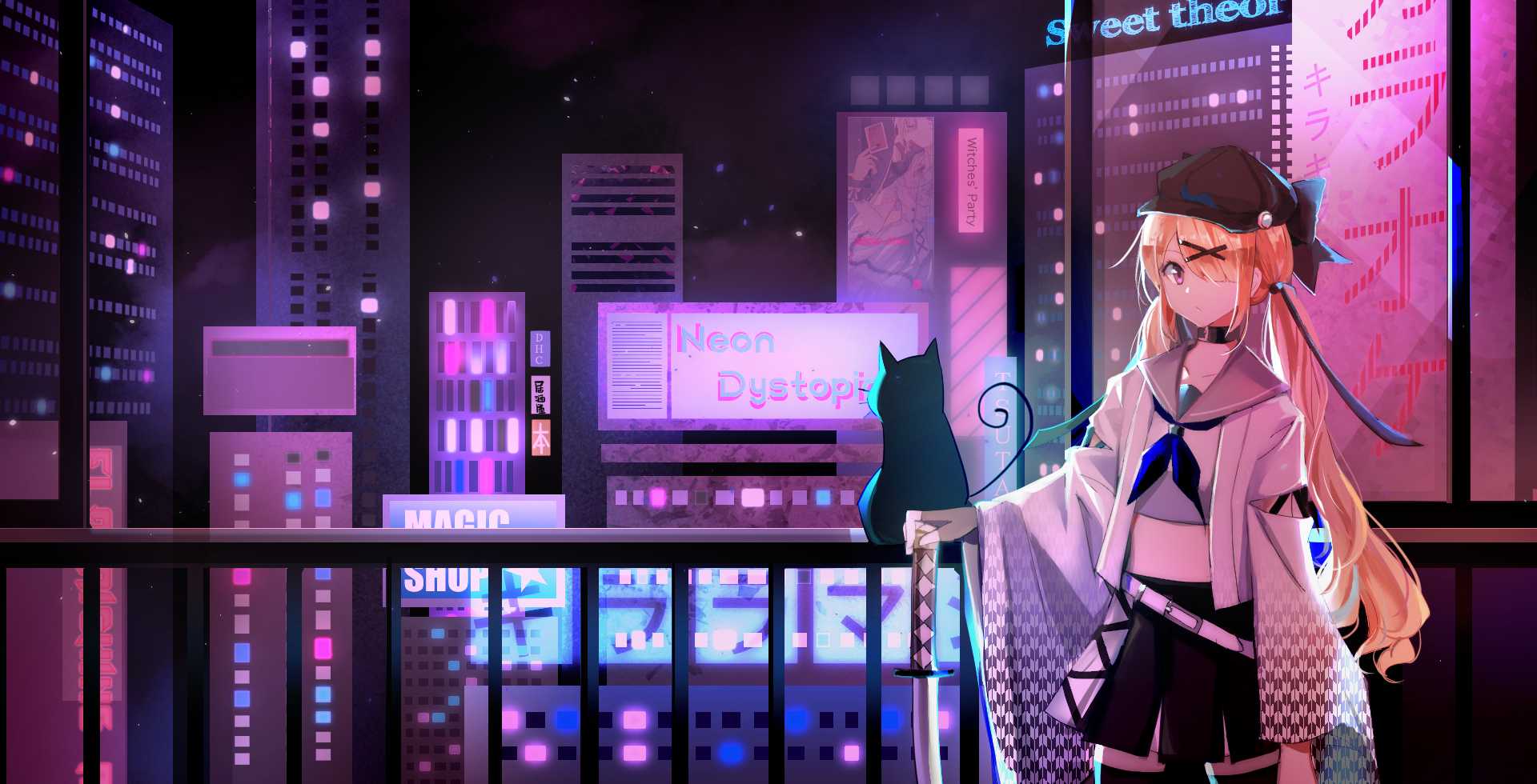 Anime Anime Girls Blonde Cats Black Cats Fence Night City Neon Japanese Clothes Katana Twintails Vio 1920x980