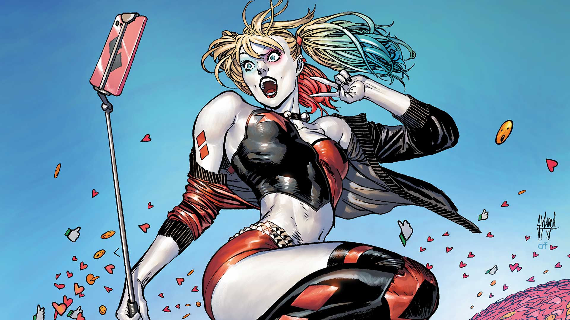 Harley Quinn DC Comics Superhero Superheroines Dyed Hair Smartphone Selfies Shorts Women Comics Comi 1920x1080