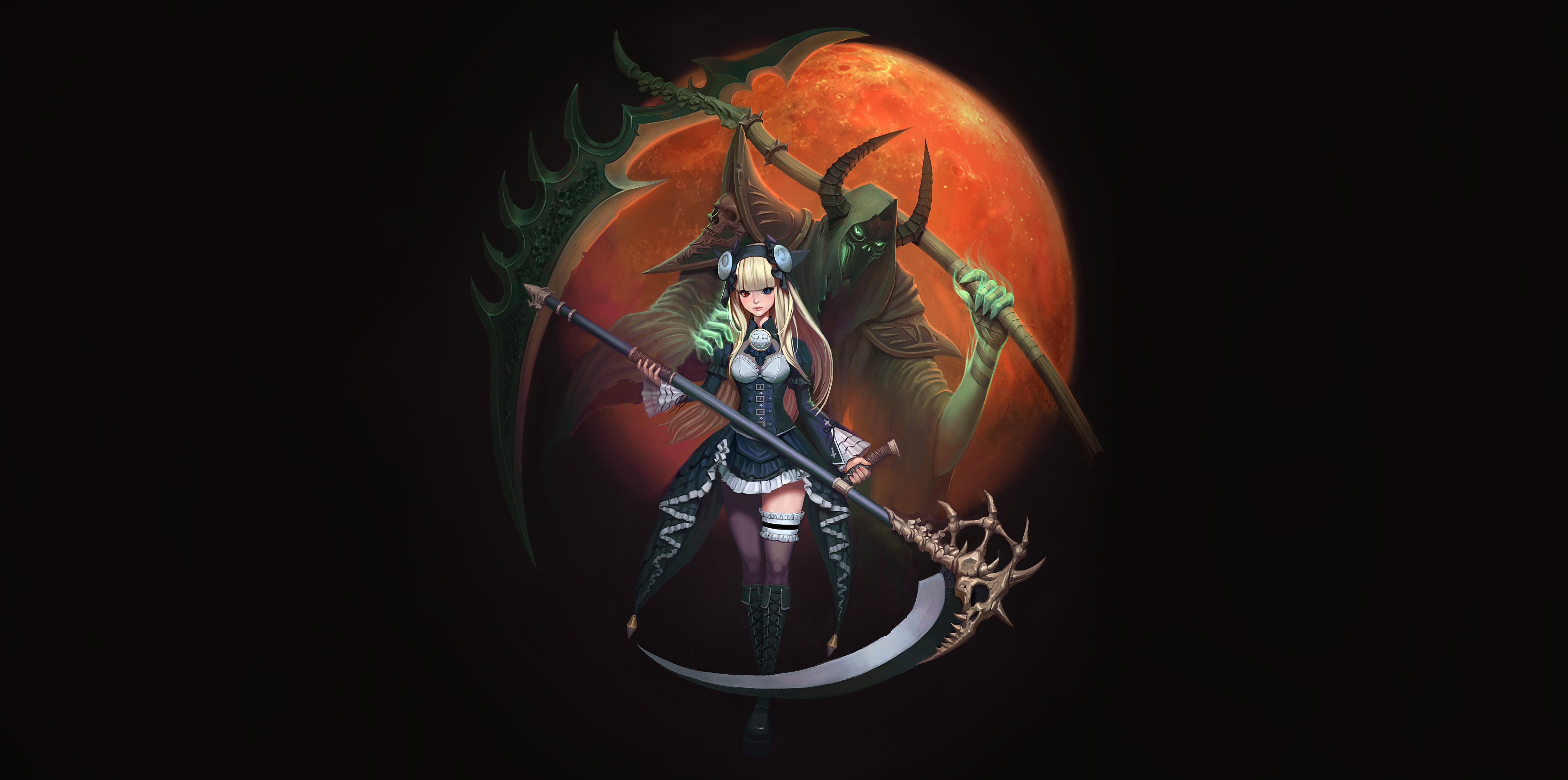 Blonde Death Girl Grim Reaper Heterochromia Moon Scythe 4500x2240