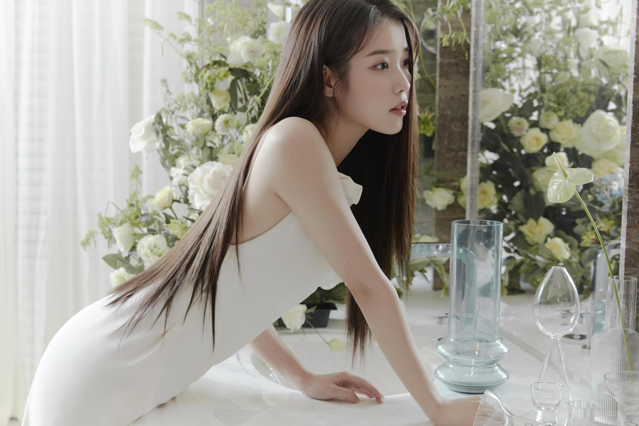Asian Korean Women Singer White Dress Flowers Long Hair IU Vases Brunette Sink Mirror Curtain Leanin 2048x1365