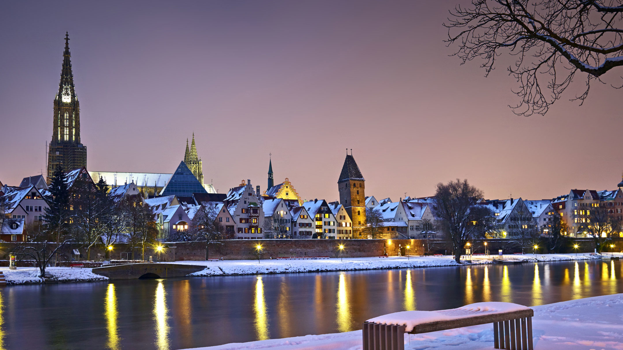 Cologne Germany Cityscape Winter Snow Sunrise River City Lights Church Outdoors Cold Lights 2048x1152