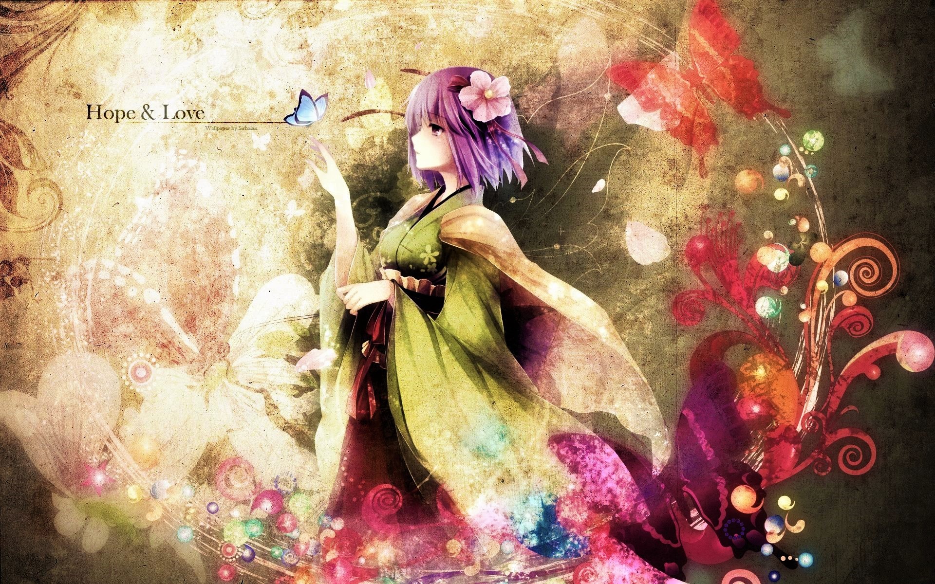 Anime Artistic Butterfly Colorful Flower Girl Purple Hair Short Hair 1920x1200
