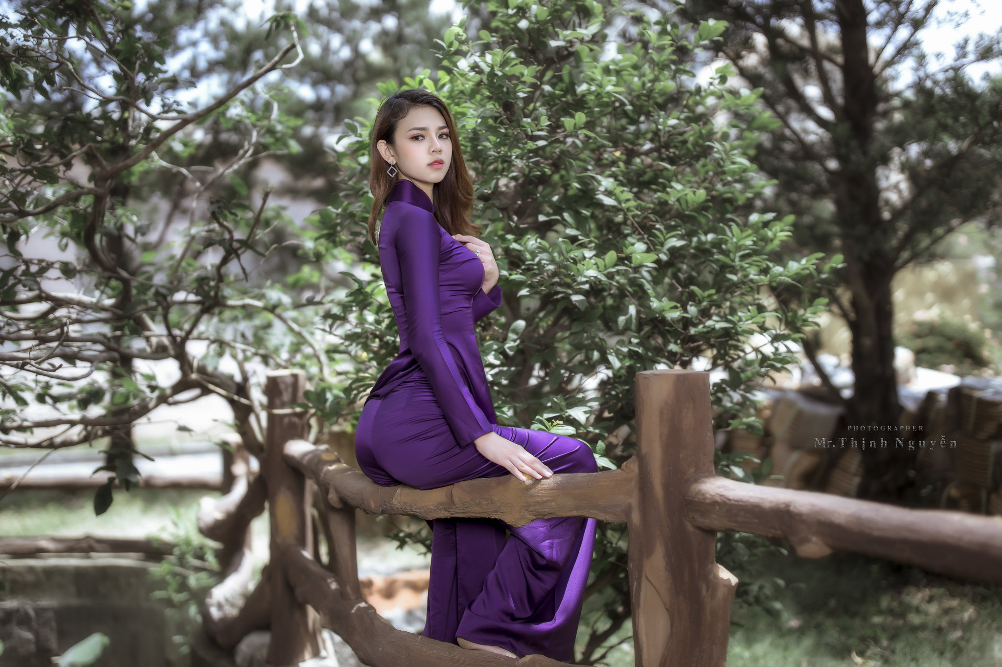 Women Ao Dai Purple Dress Vietnamese Depth Of Field Trees Asian 2048x1365