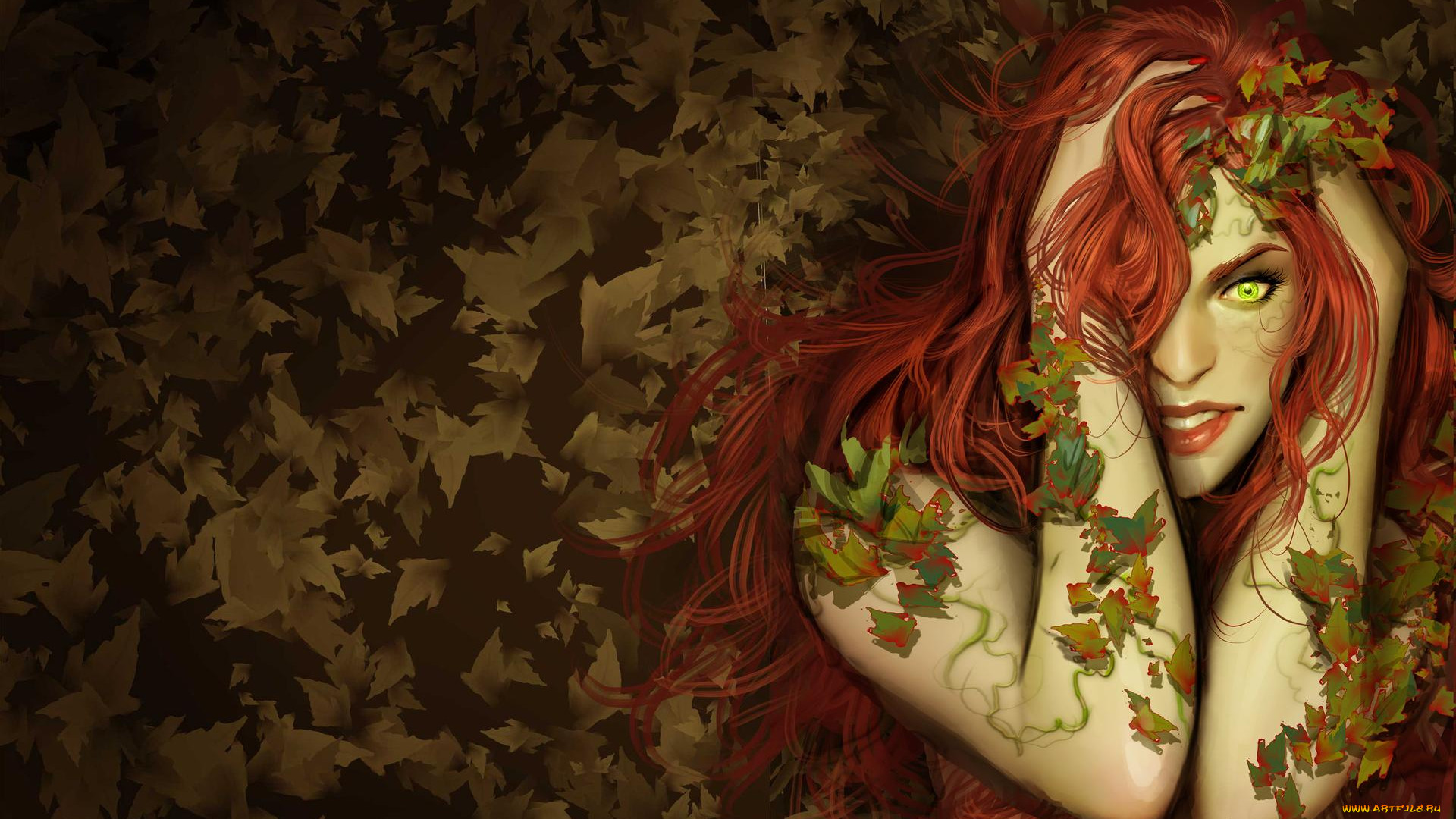Women Artwork Redhead Green Eyes Long Hair Leaves Red Lipstick Poison Ivy 1920x1080