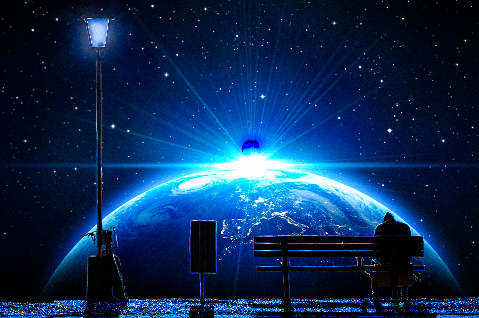 Meteorite Space Sky Earth Bench Destruction Blue Space Art Planet Digital Art Stars Lantern 1623x1080