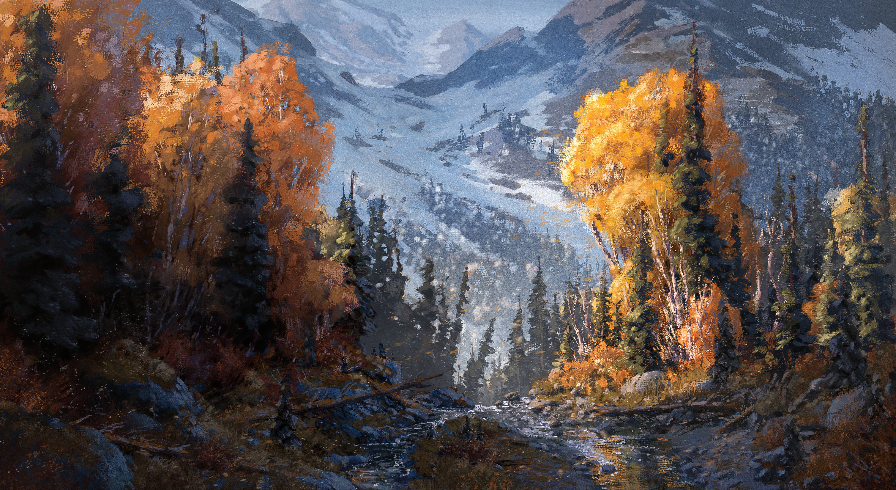 Calder Moore Landscape Digital Painting Digital Art Trees Mountains Tree Trunk Snow Covered Tree Bar 3016x1648