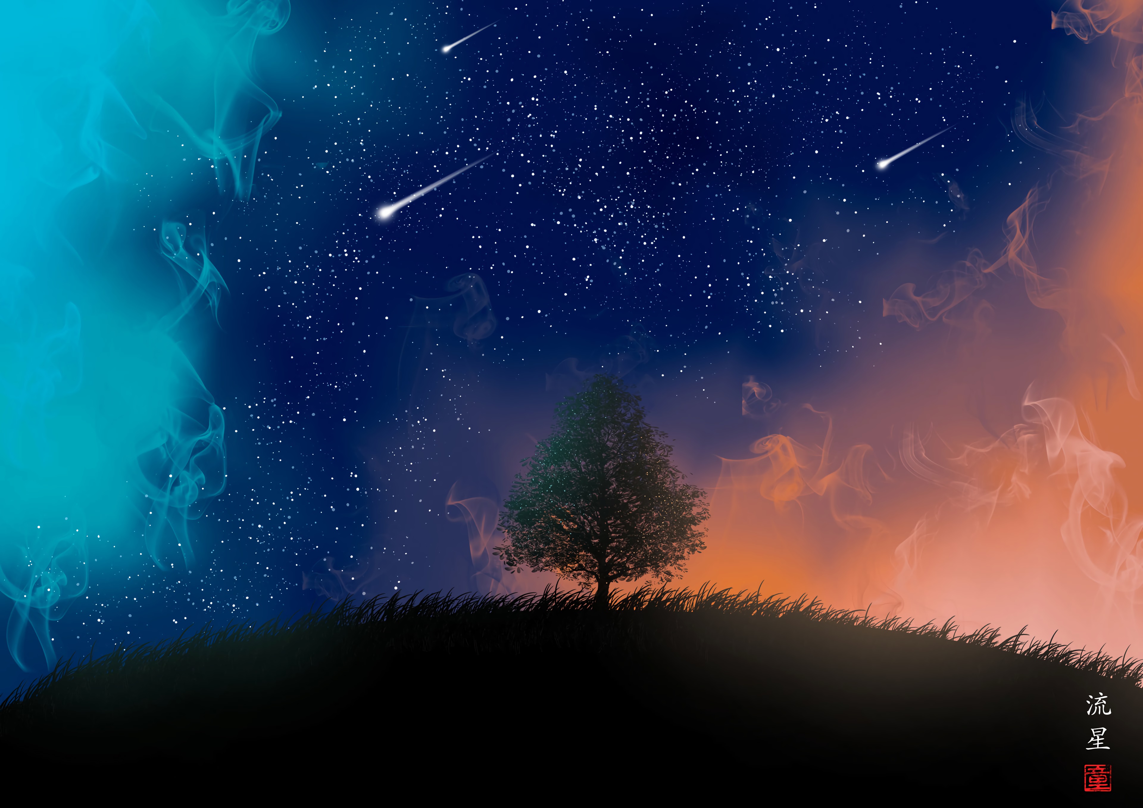 Night Shooting Star Stars Tree 3840x2716