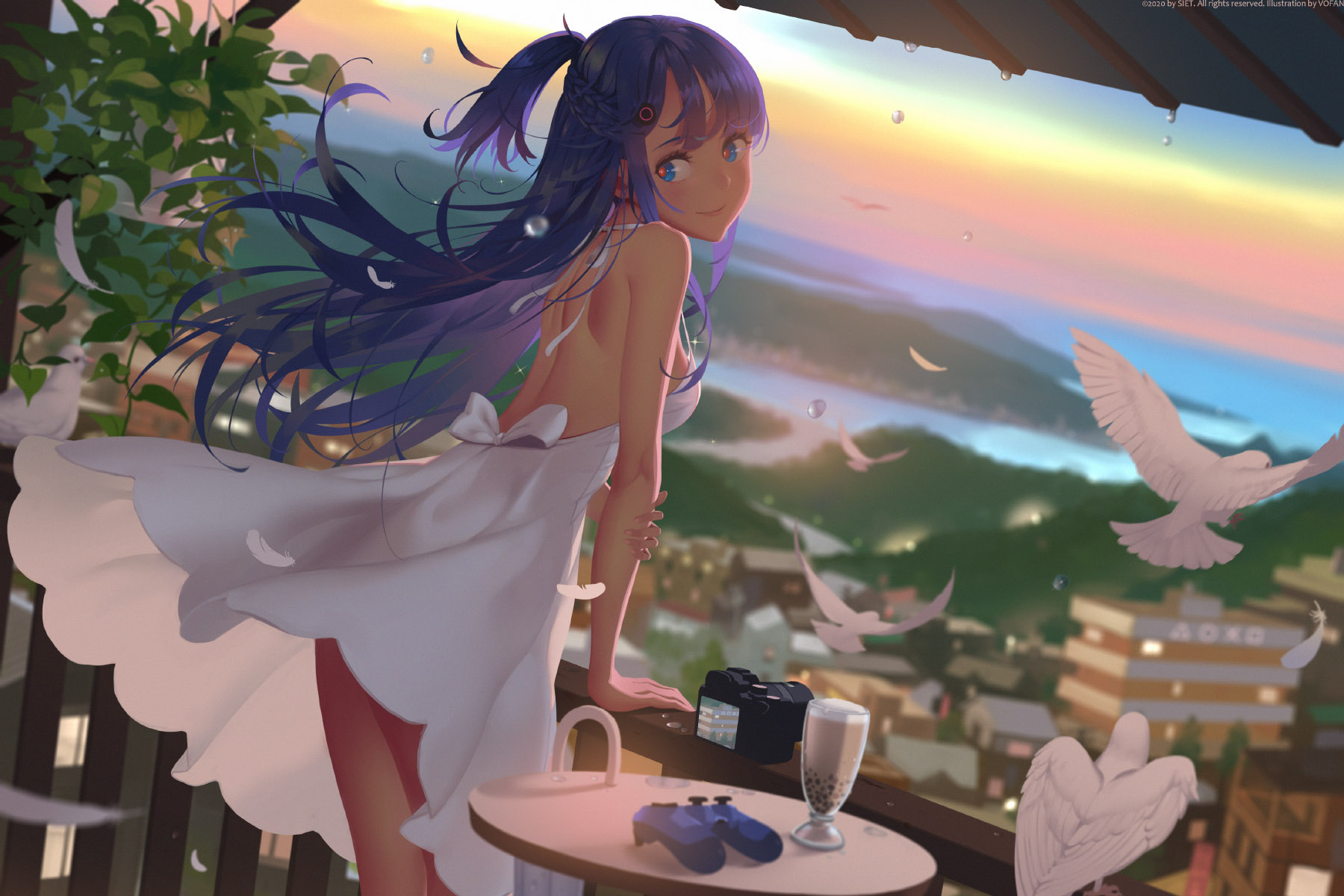 Vofan Anime Anime Girls Blue Hair Blue Eyes Smiling Dress Sun Dress Landscape 1800x1200
