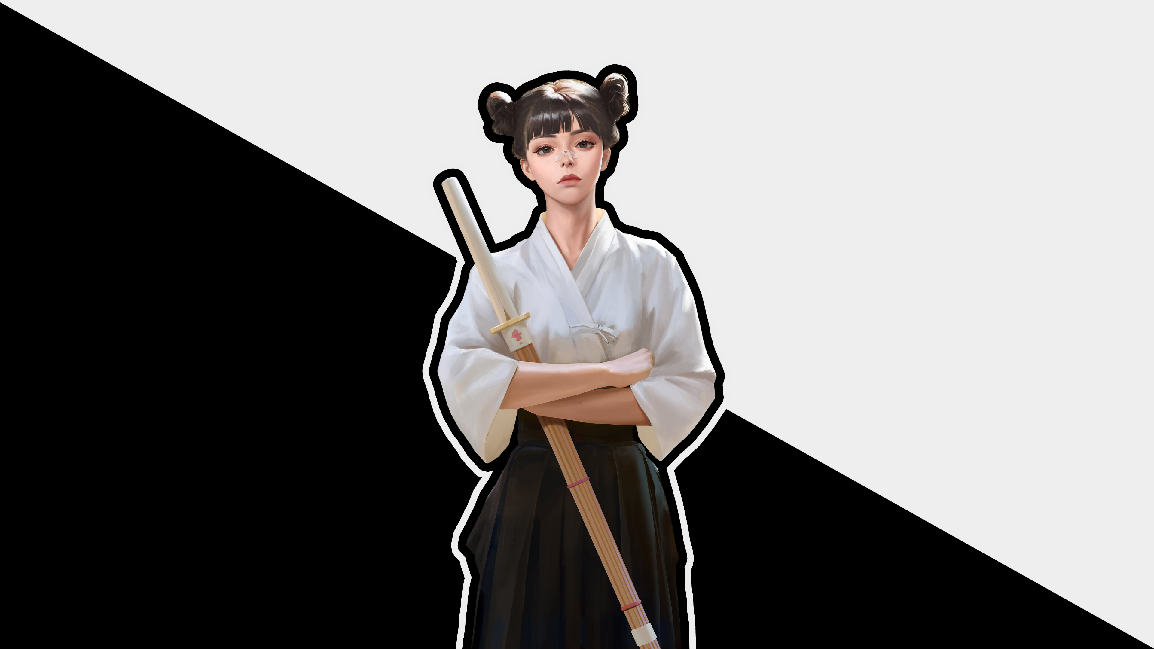 Simple Background Minimalism Character Design Blunt Bangs Sword Japanese Sword Shinai Black Hair Thi 3840x2160