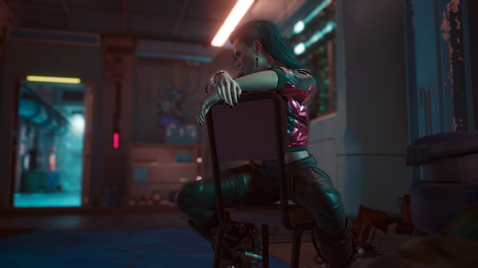 Cyberpunk 2077 Rogue Character Sitting Chair Blue Hair Leather Pants 1920x1080