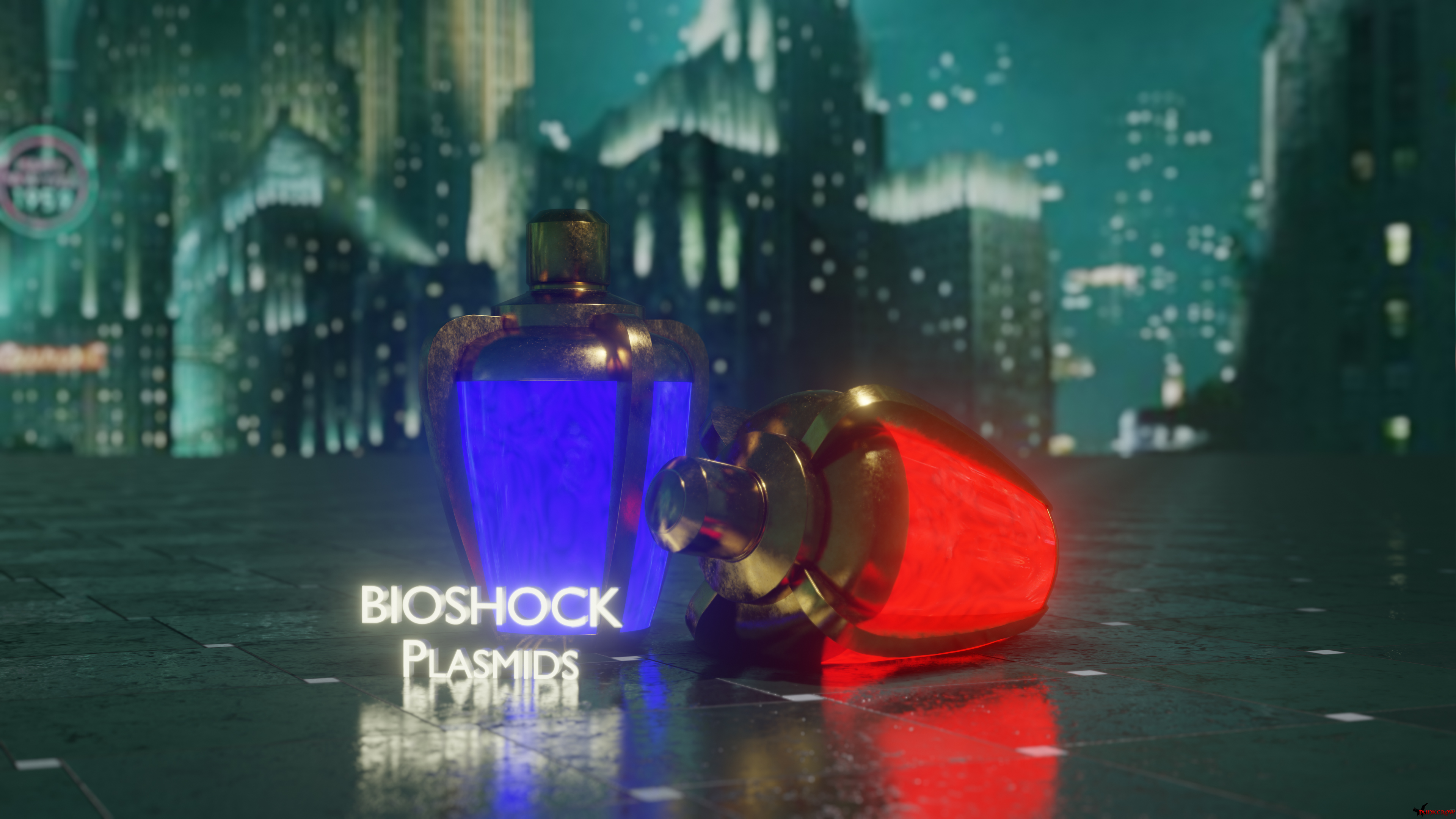 BioShock Plasmid Glowing Lights Reflection 3D Blender Tiles Video Game Art Digital Art CGi Video Gam 3840x2160
