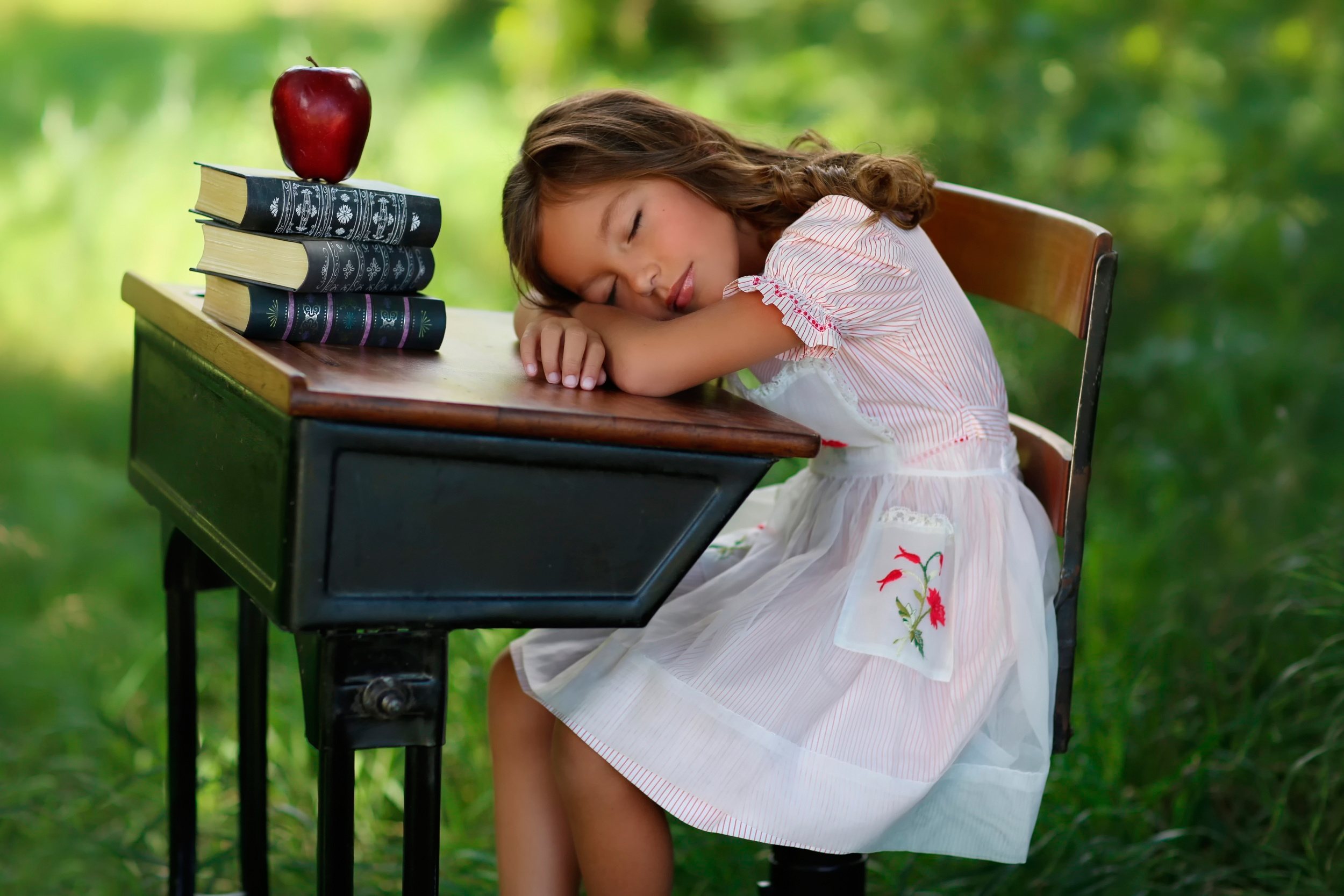 Apple Book Child Desk Little Girl Summer 2500x1667