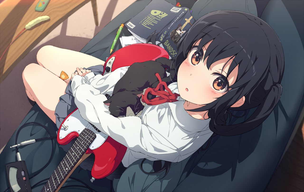 Anime Anime Girls Cats Guitar Black Hair Brown Eyes Ogipote K ON Nakano Azusa 1280x809
