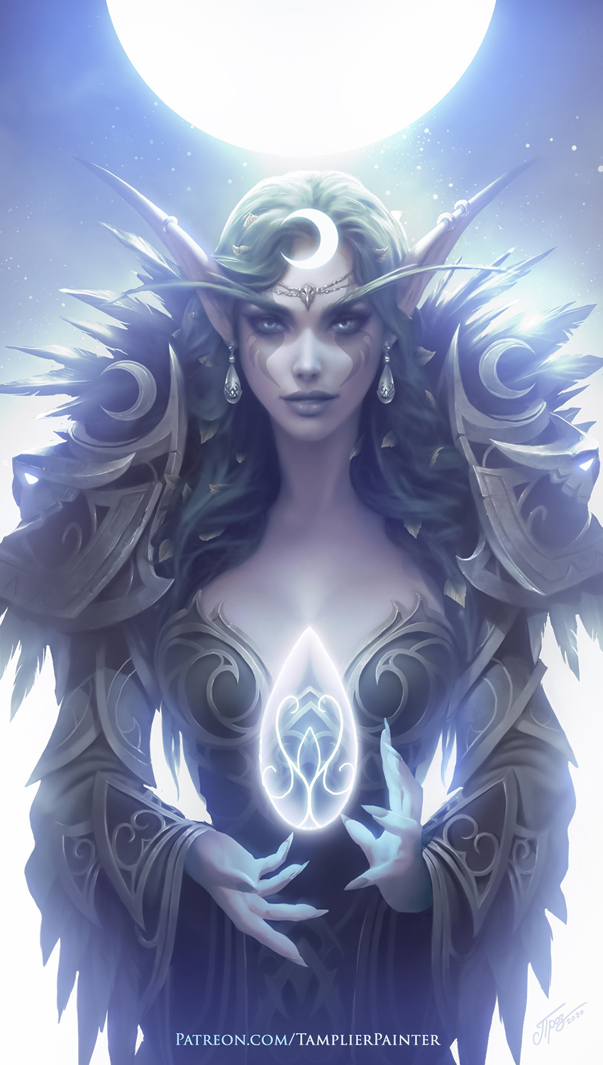 Drawing Warcraft World Of Warcraft Women Night Elves Moon Green Hair Spear Tears Face Paint Earring  850x1500