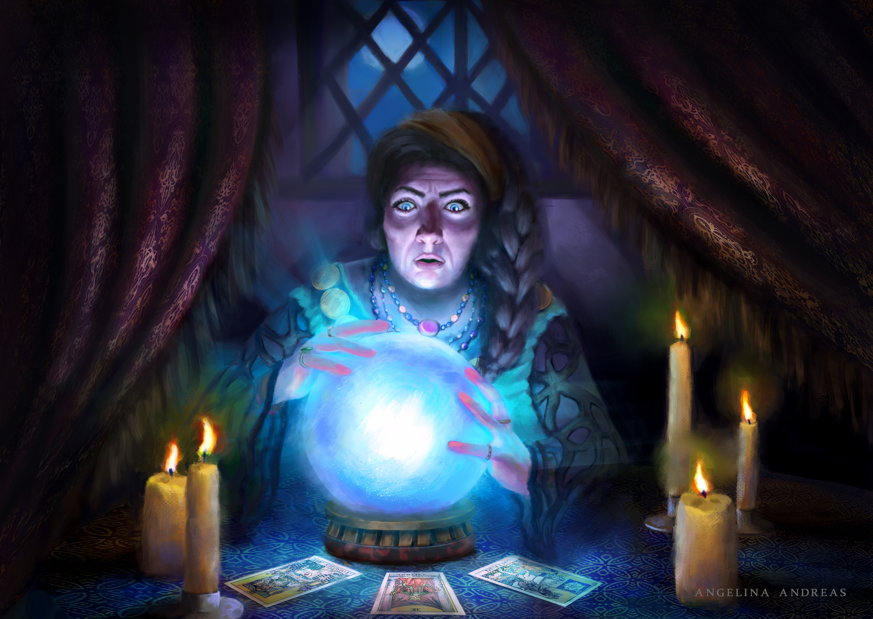 Angelina Andreas Witch Blue Eyes Blue Light Candles Digital Painting Women Open Mouth Cards Rings Or 2867x2033
