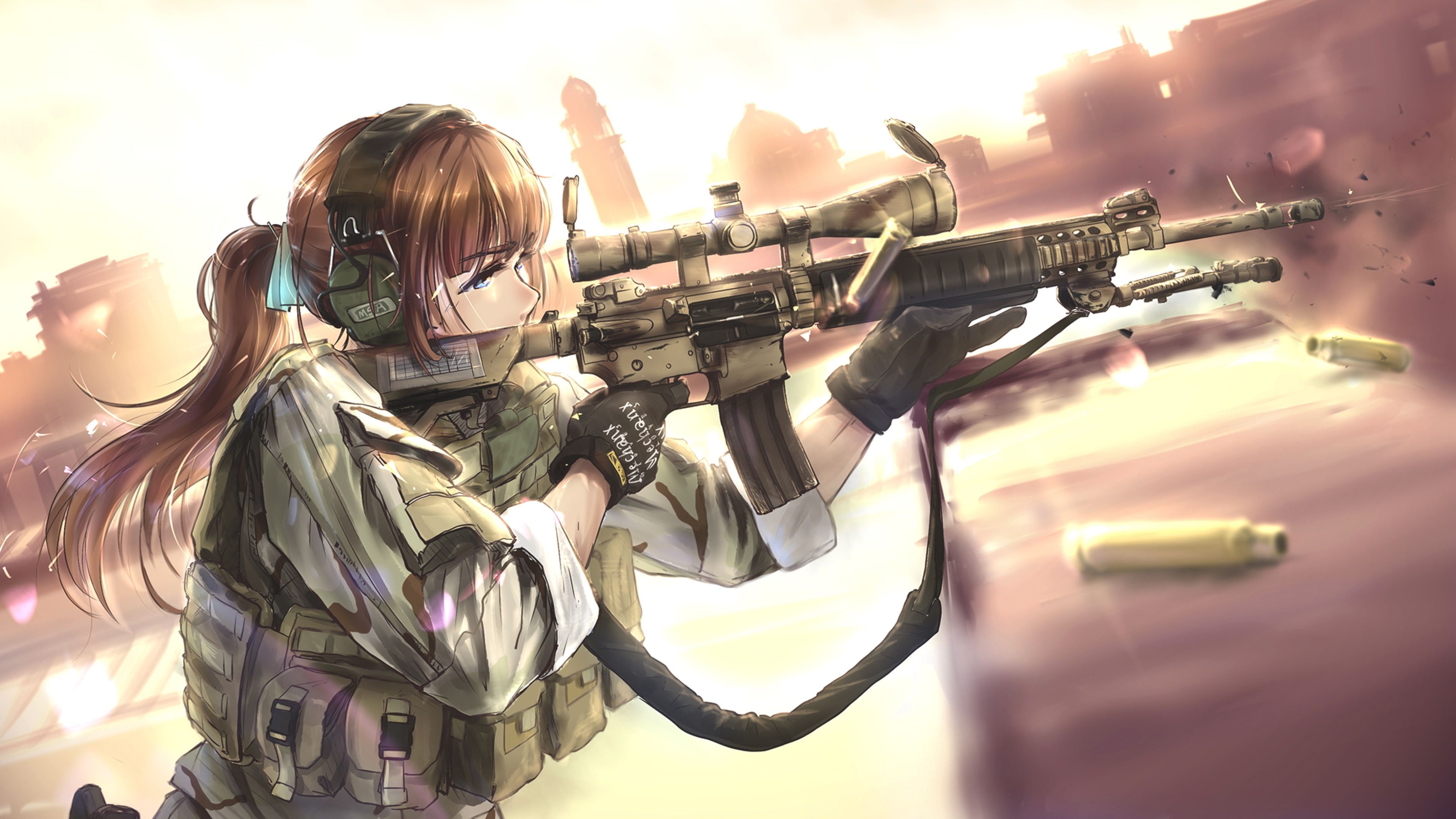 Anime Girls Rifles Tactical AR15 Brunette Ponytail TC1995 3840x2160